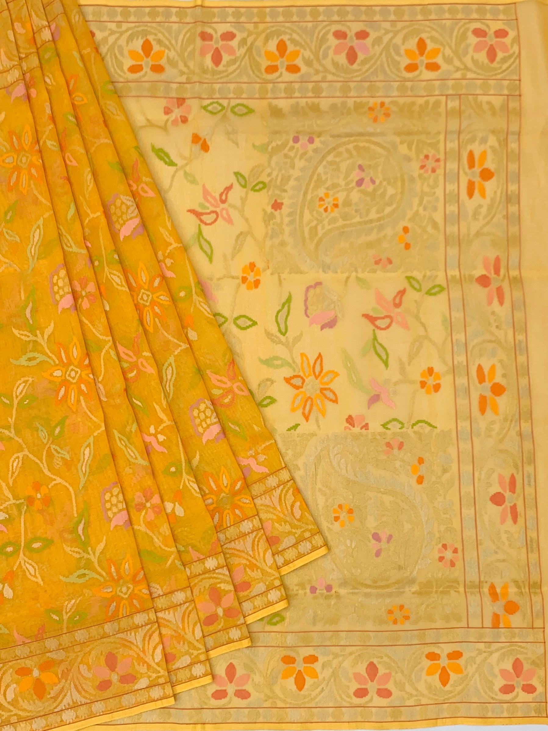 Sunny Yellow Cotton Jamdani Saree with Botanical Vines and Paisley Pallu
