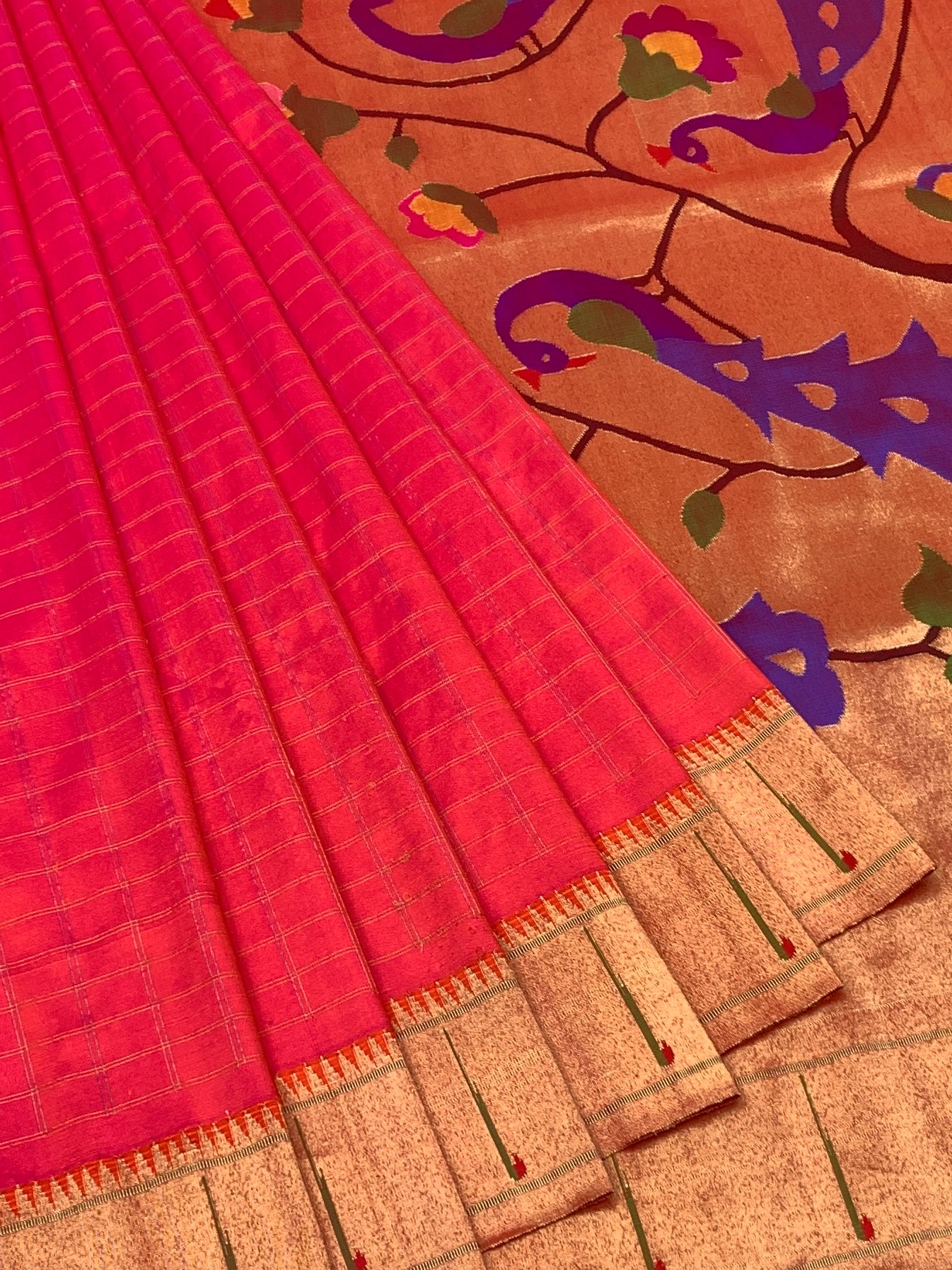Regal Red Checked Paithani Silk Saree with Majestic Peacock Pallu