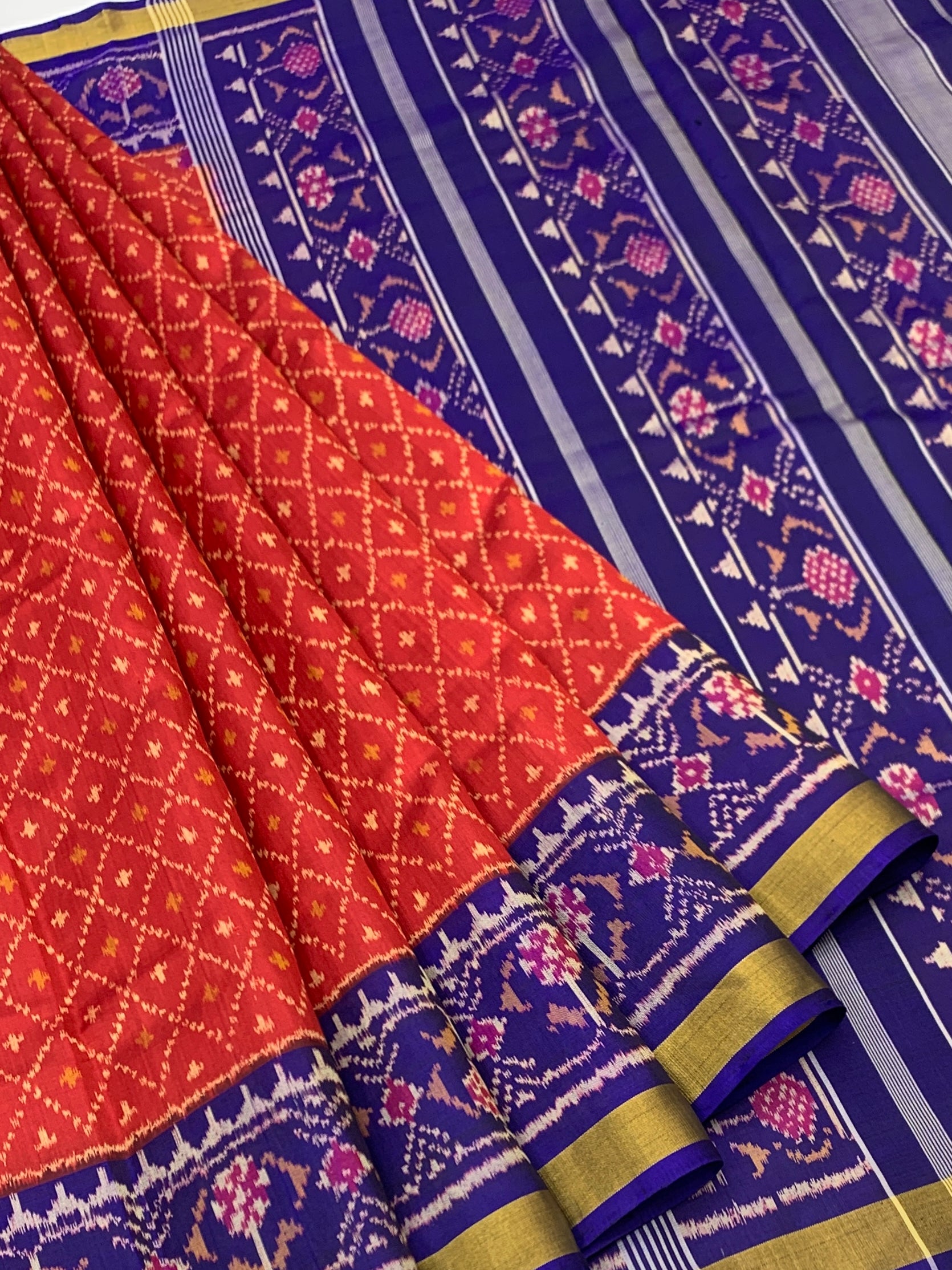 Vermilion Red & Royal Blue: Geometric Lattice Rajkot Patola Silk Saree