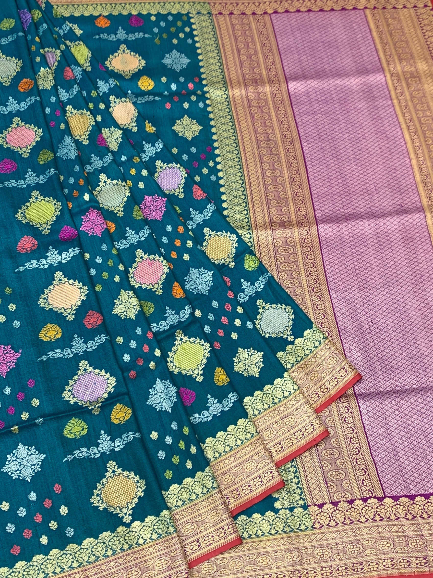 Regal Peacock Teal Tussore Georgette Saree with Lilac Pallu and Crimson Blouse
