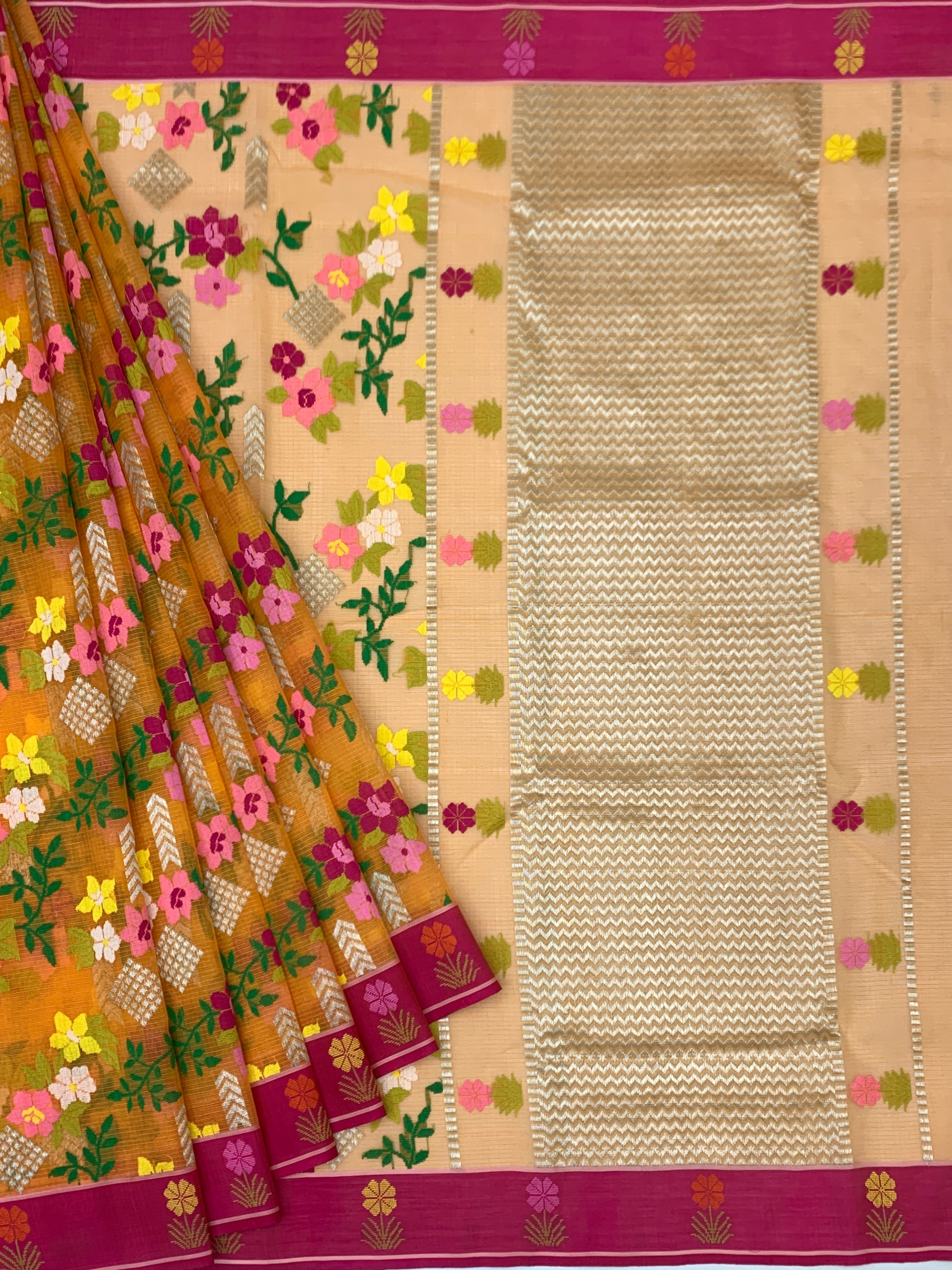 Floral Zari Kota Saree with Contrast Rani Pink Blouse