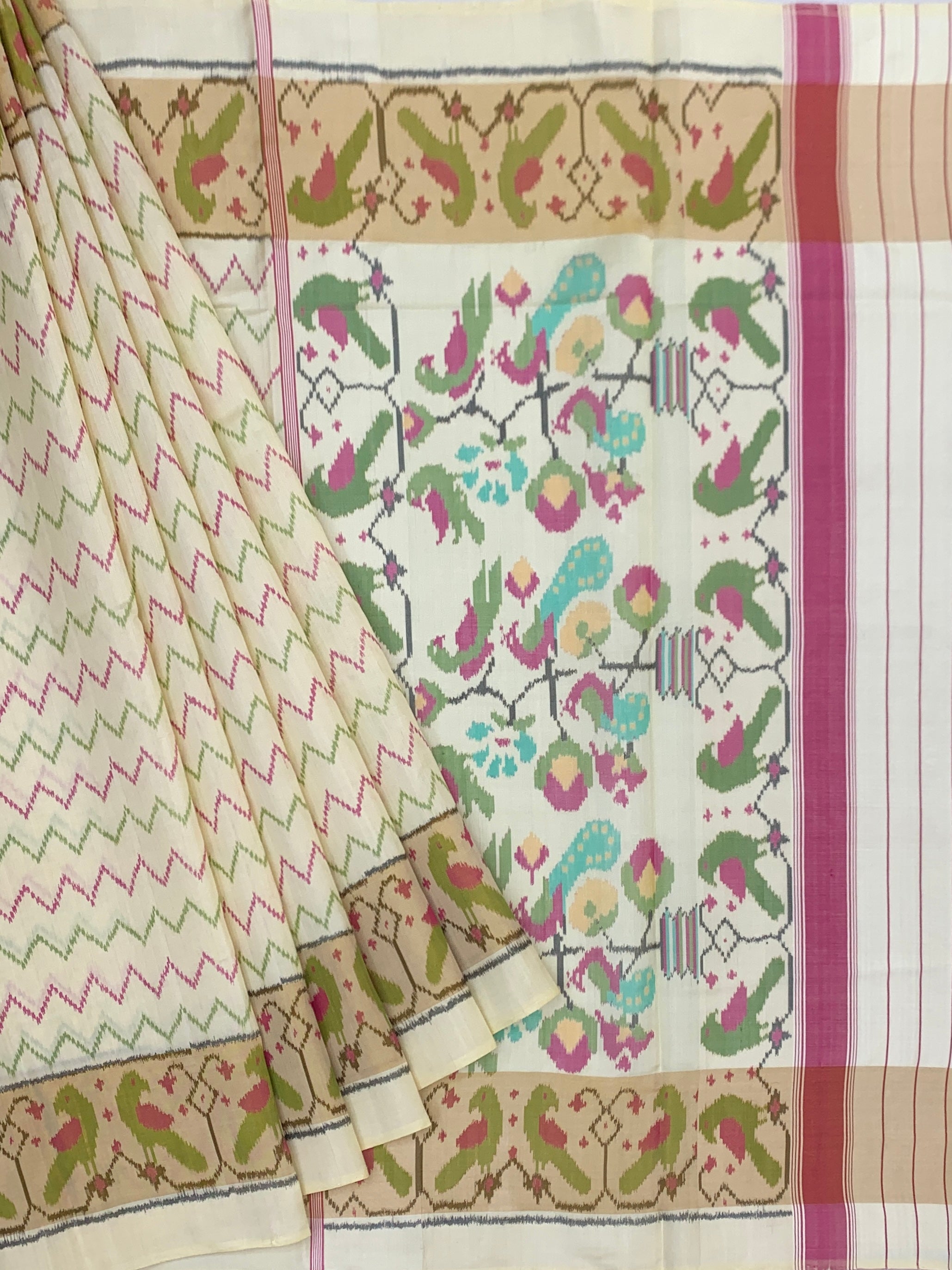 Ivory & Teal Avian Symphony: Heritage Rajkot Patola Silk Saree