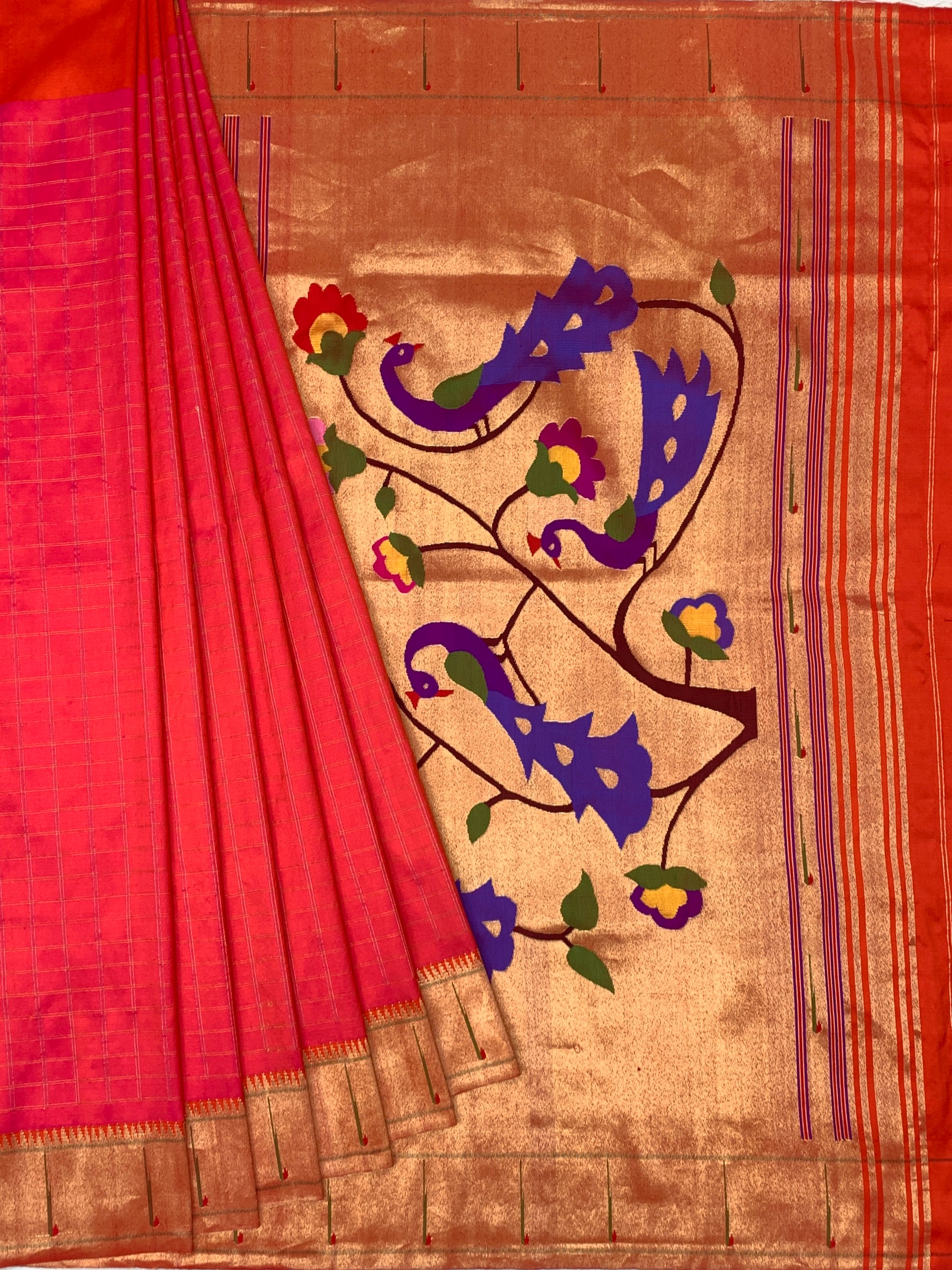 Regal Red Checked Paithani Silk Saree with Majestic Peacock Pallu
