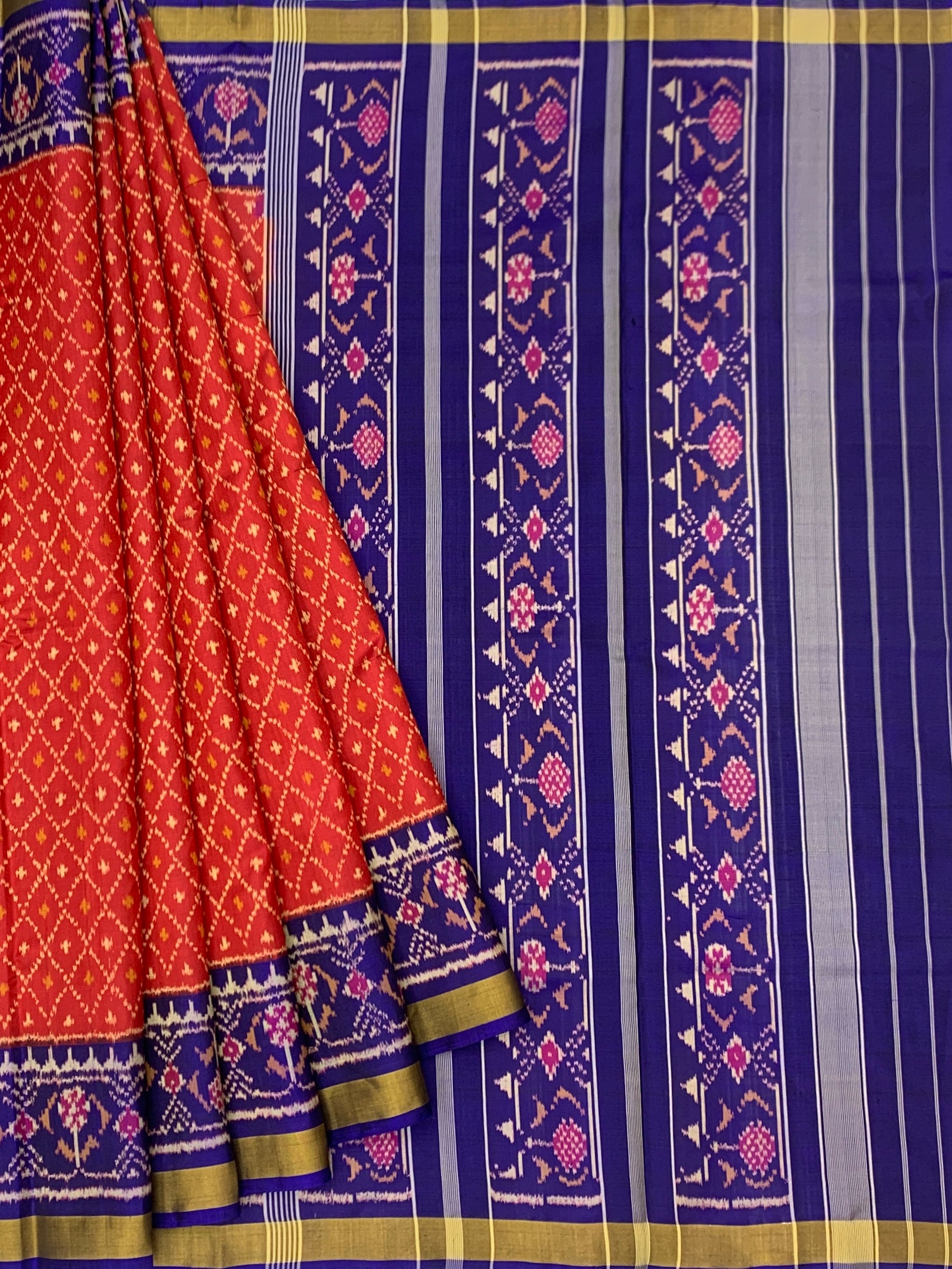 Vermilion Red & Royal Blue: Geometric Lattice Rajkot Patola Silk Saree