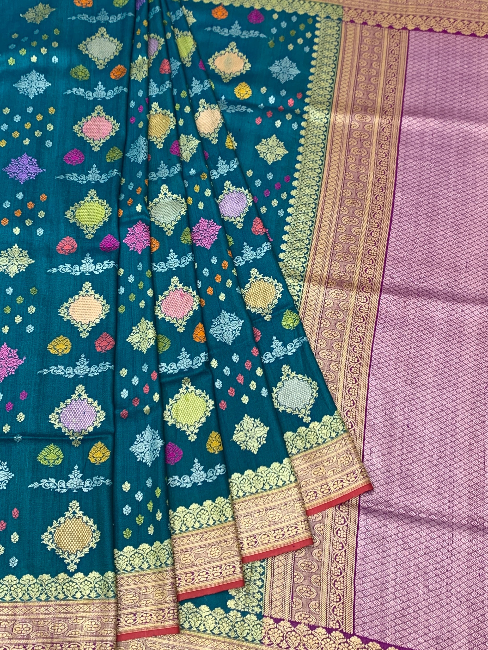 Regal Peacock Teal Tussore Georgette Saree with Lilac Pallu and Crimson Blouse
