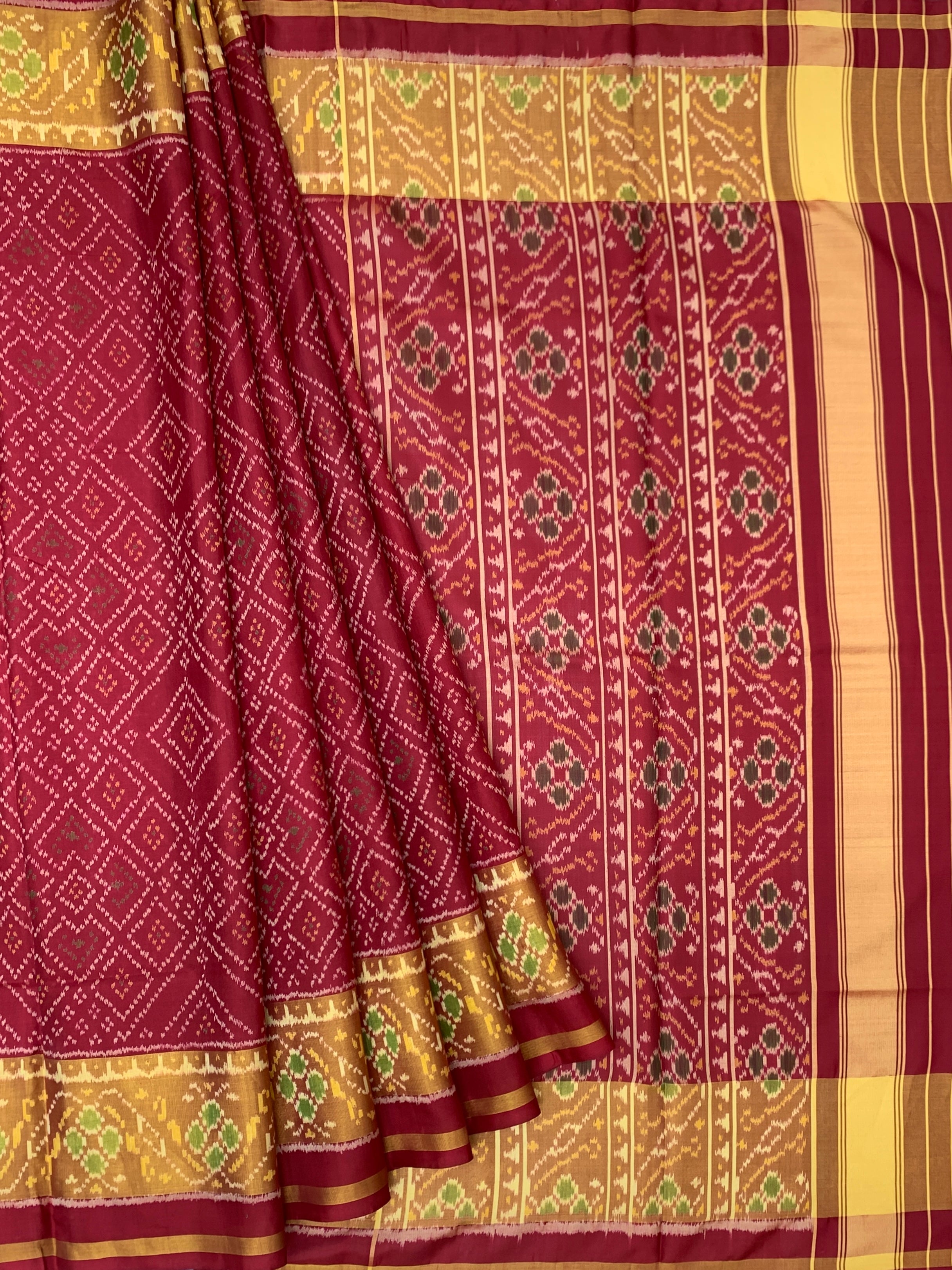 Regal Deep Maroon Rajkot Patola Silk Saree with Geometric Ikat Lattice