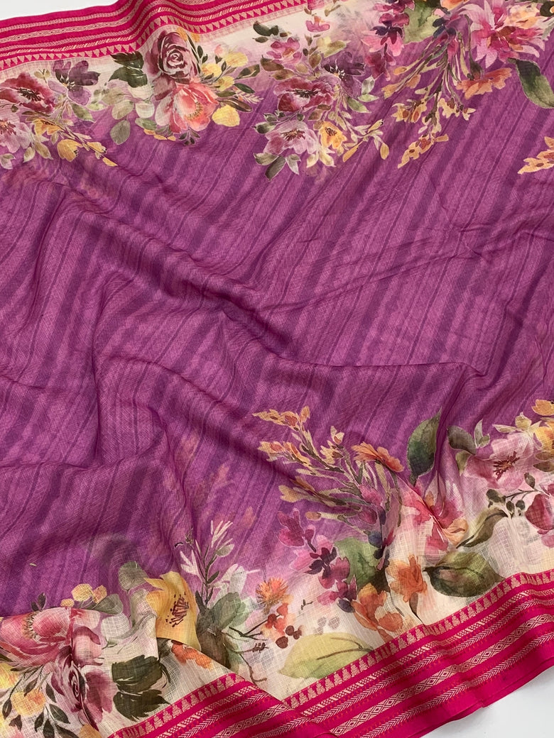 Purple Cotton Kota Floral Printed Saree