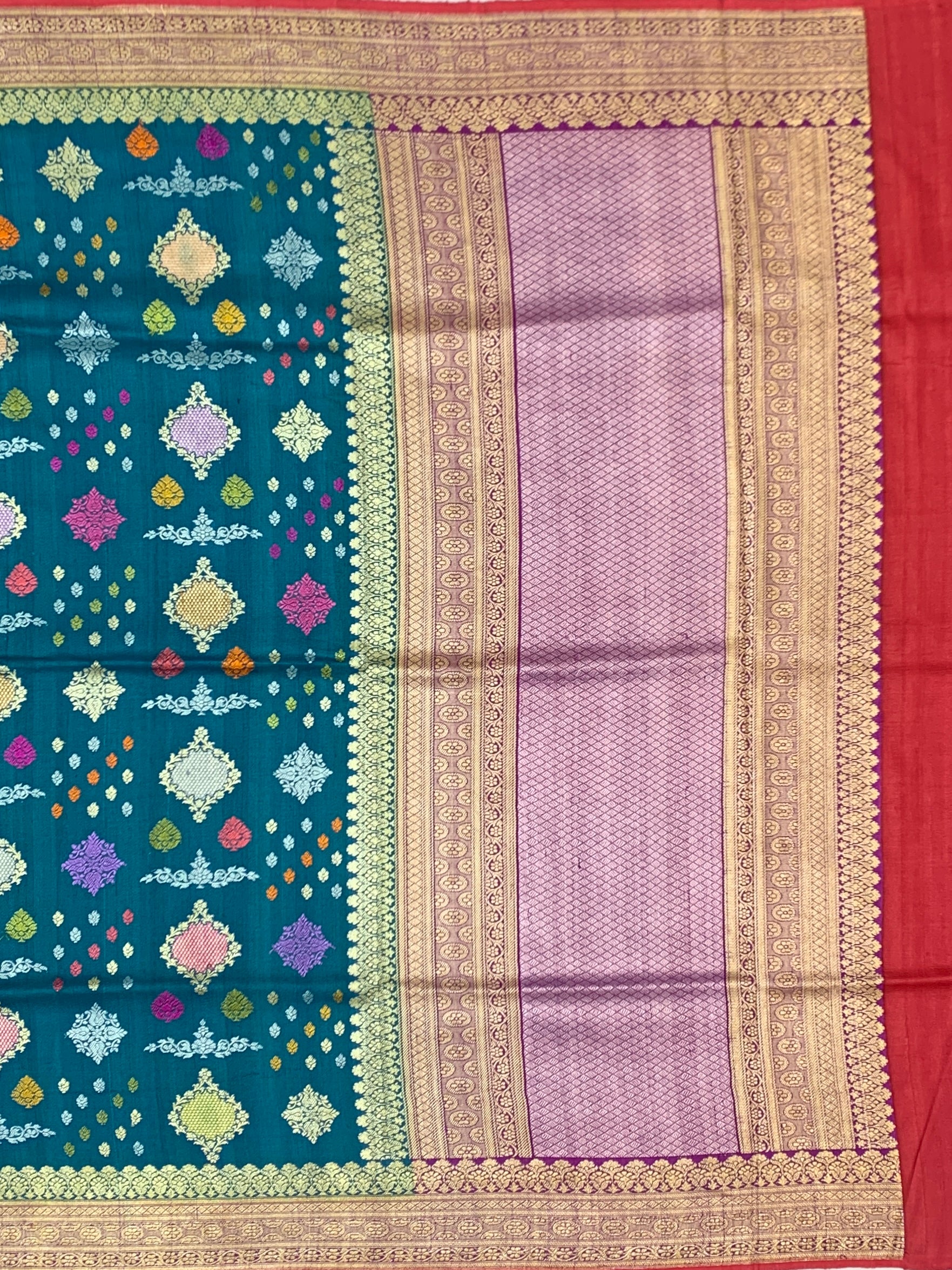Regal Peacock Teal Tussore Georgette Saree with Lilac Pallu and Crimson Blouse