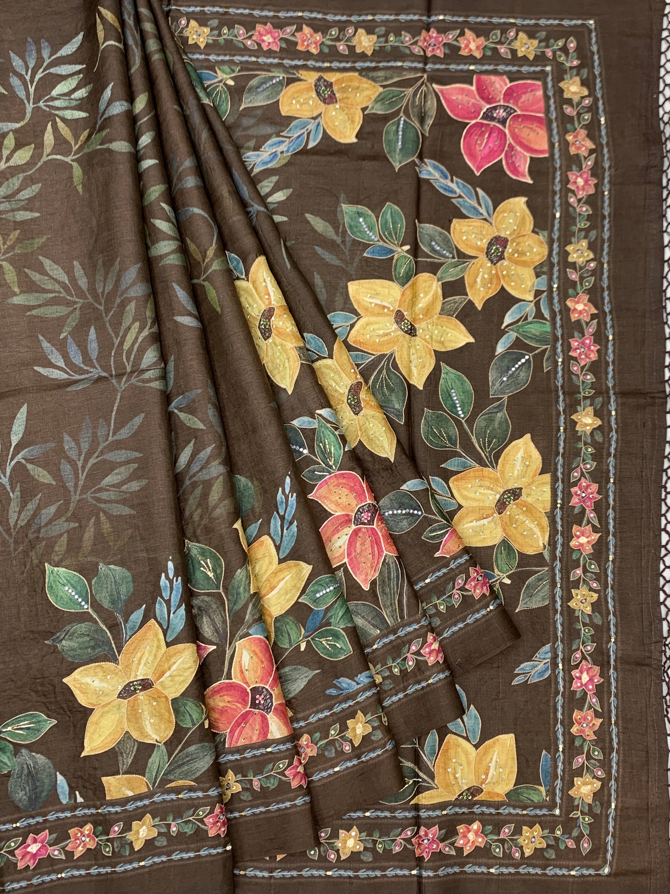Earthy Elegance: Deep Brown Hand-Embroidered Tussar Silk Saree