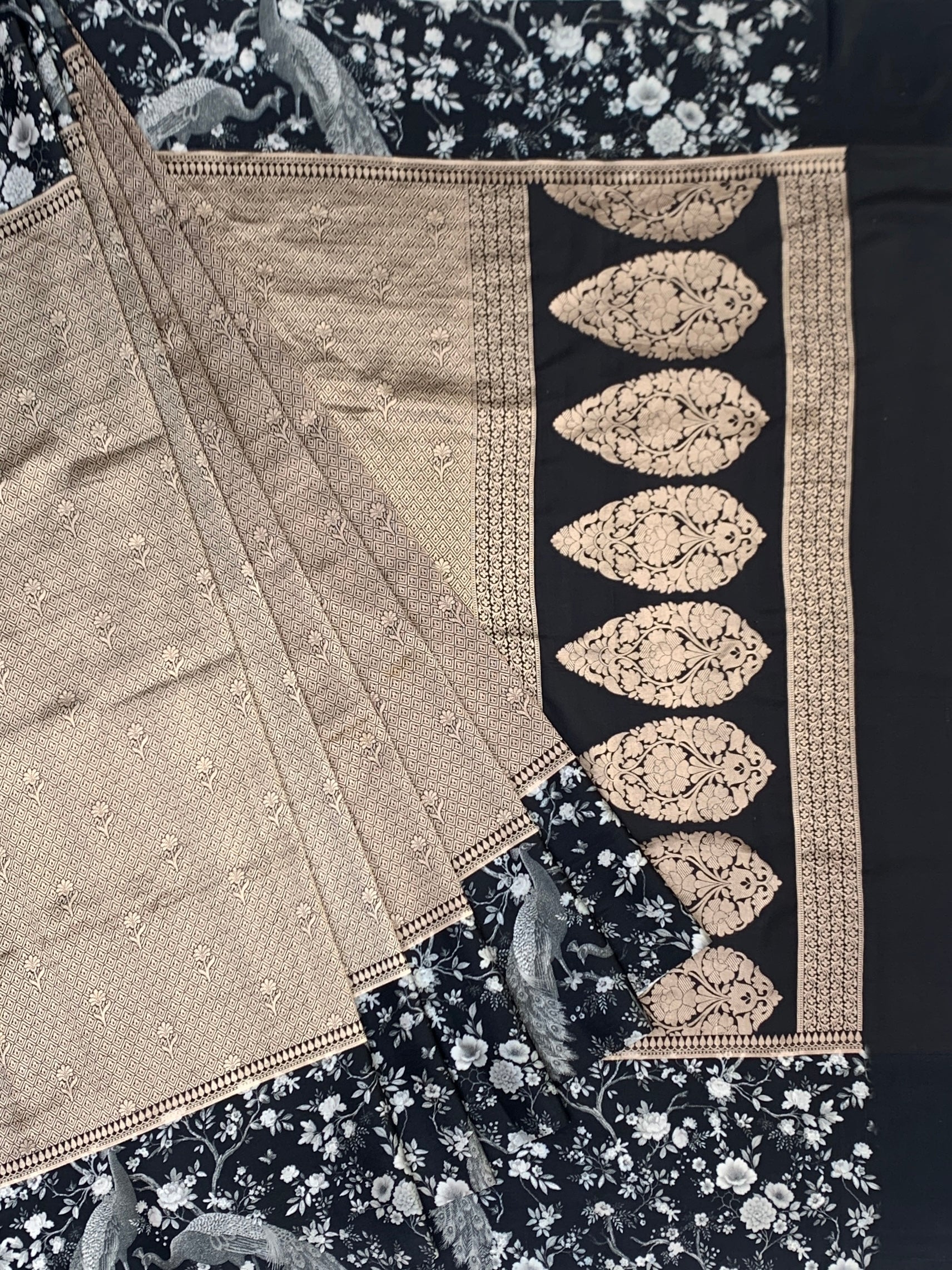 Midnight Noir & Champagne Silver Brocade Silk Saree with Royal Peacock Motifs