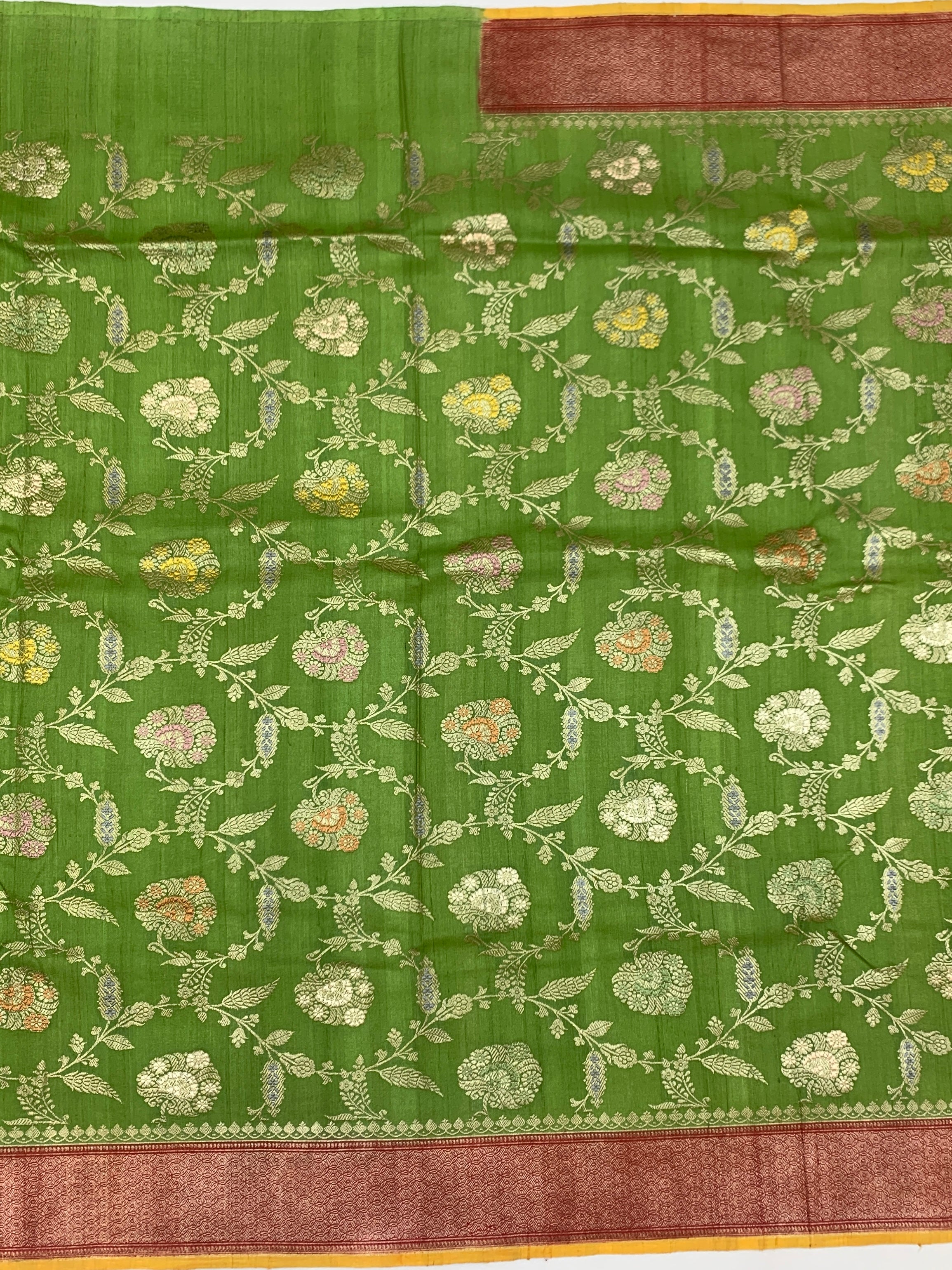 Leaf Green Tussore Georgette Saree with Floral Jaal & Mustard Yellow Blouse
