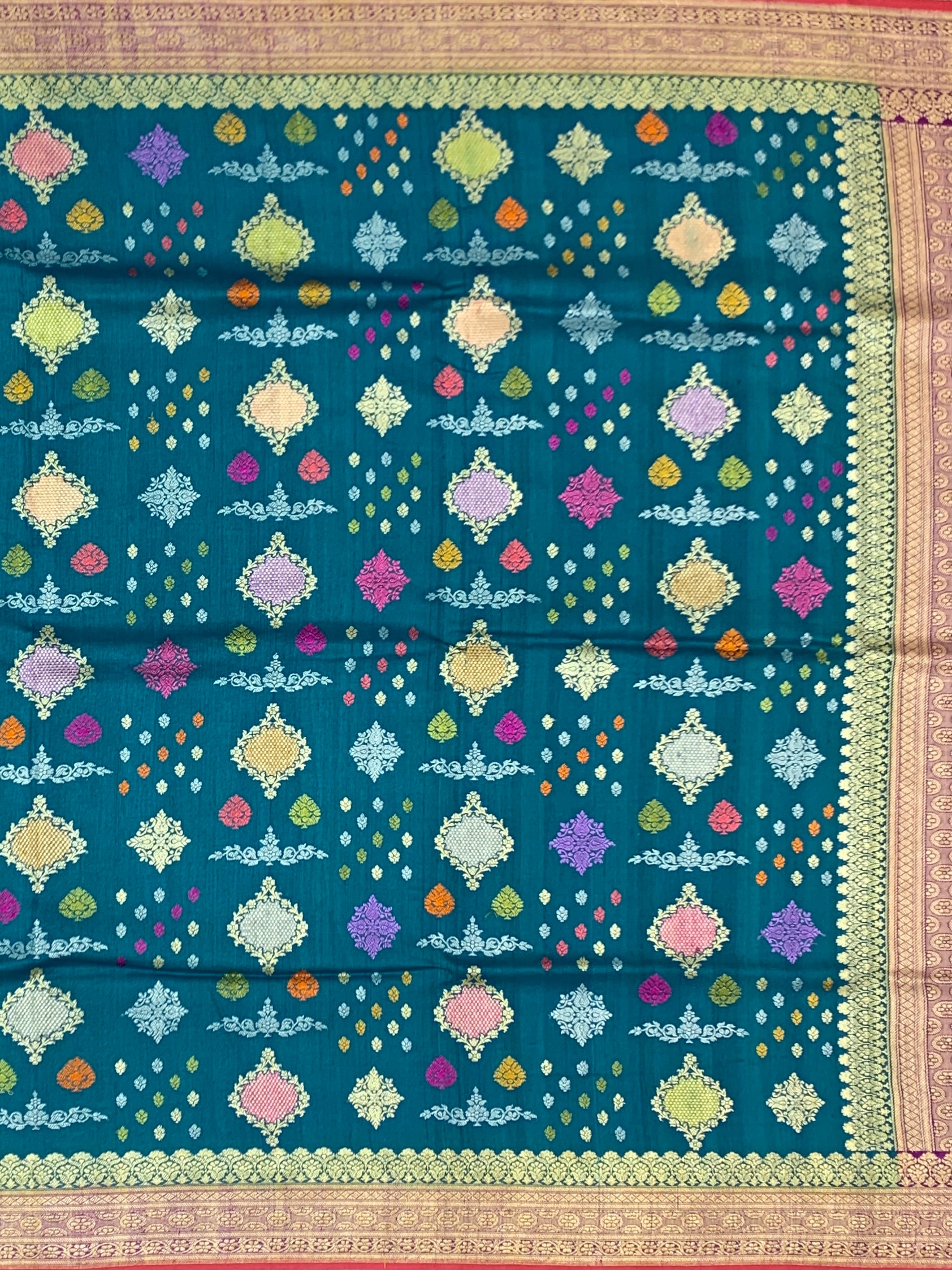 Regal Peacock Teal Tussore Georgette Saree with Lilac Pallu and Crimson Blouse