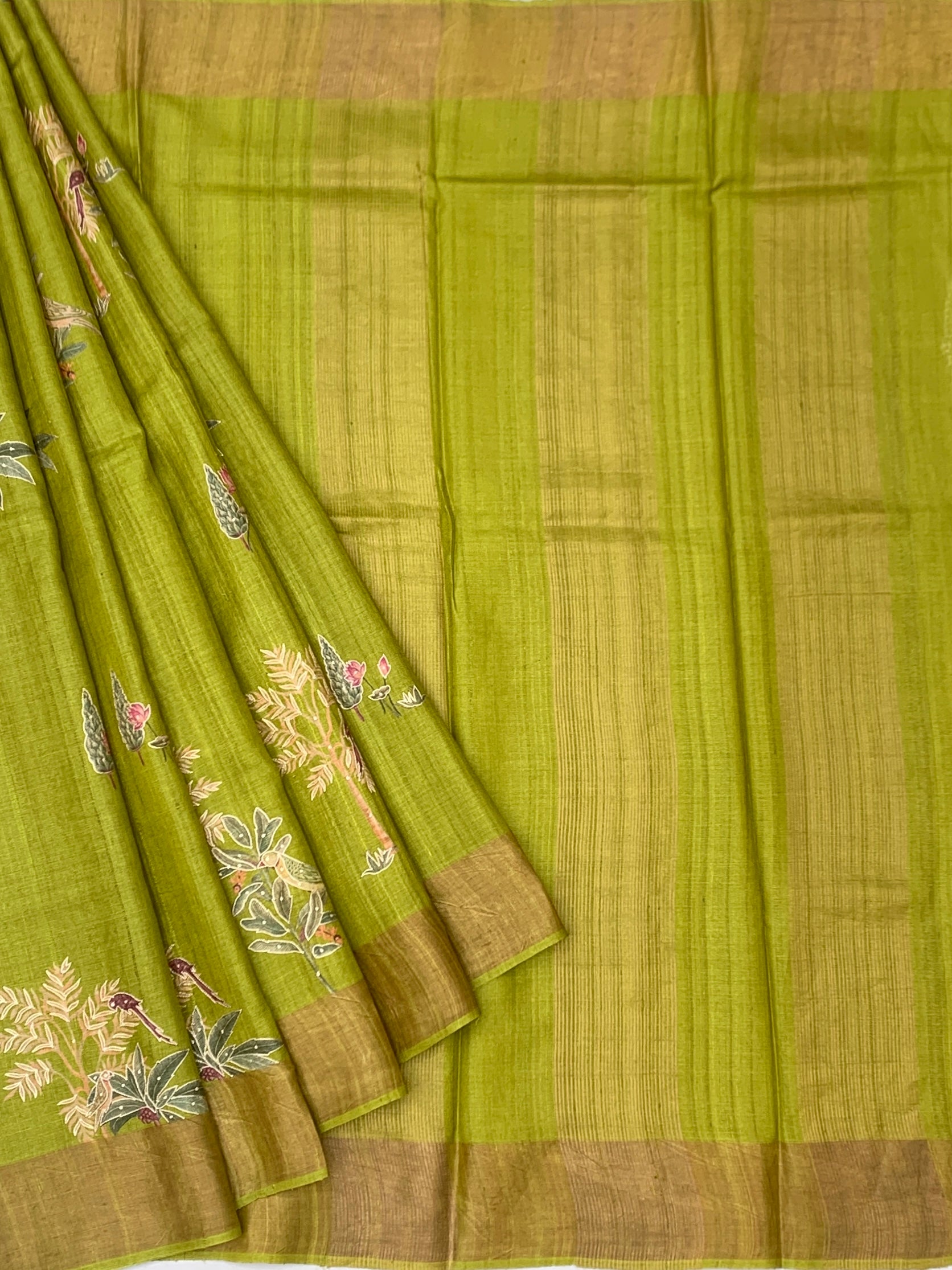 Pistachio Whimsy: Bird & Botanical Tussore Printed Saree
