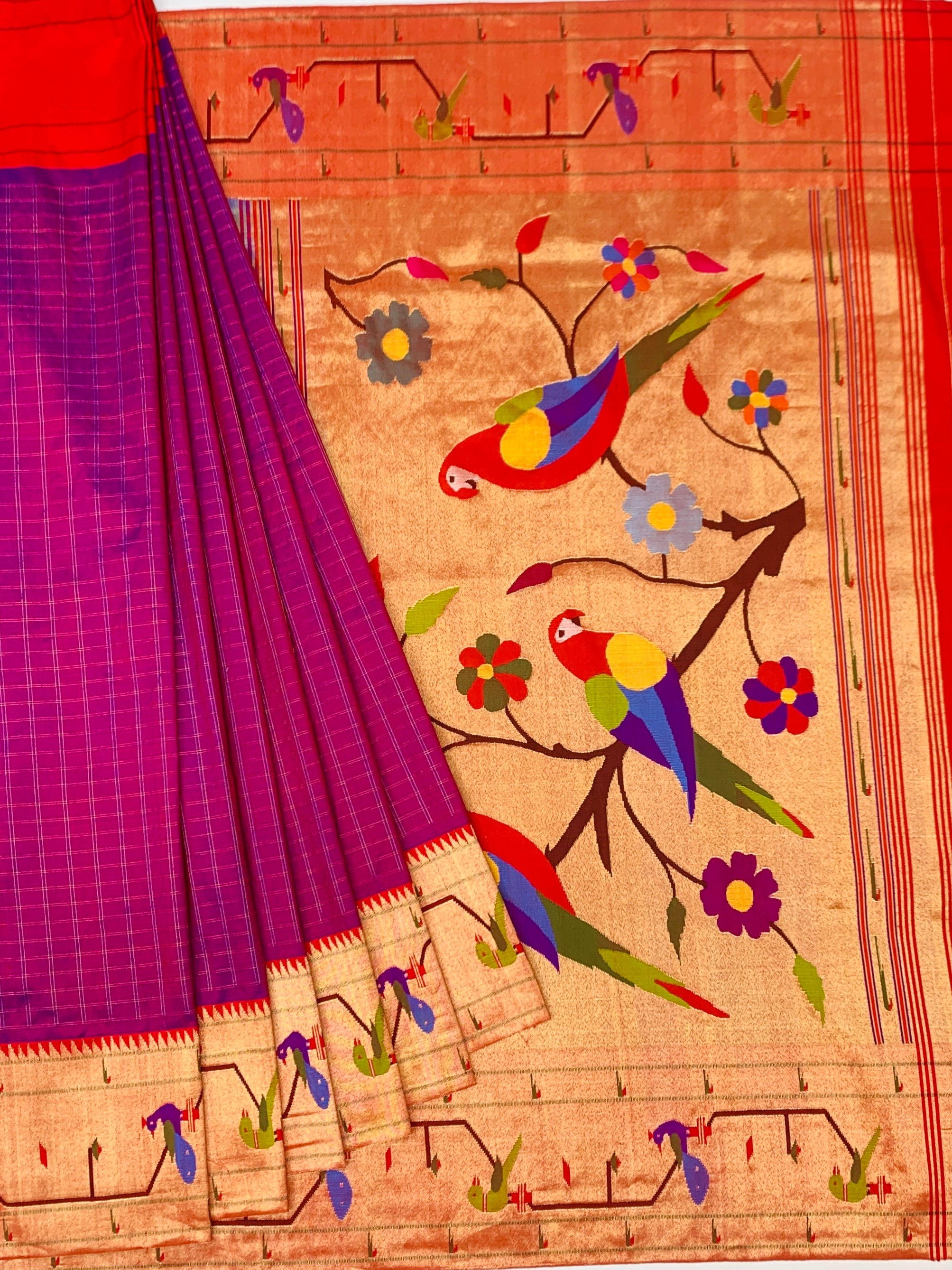 Deep Magenta Zari Checked Paithani Silk Saree with Vibrant Parrot Pallu