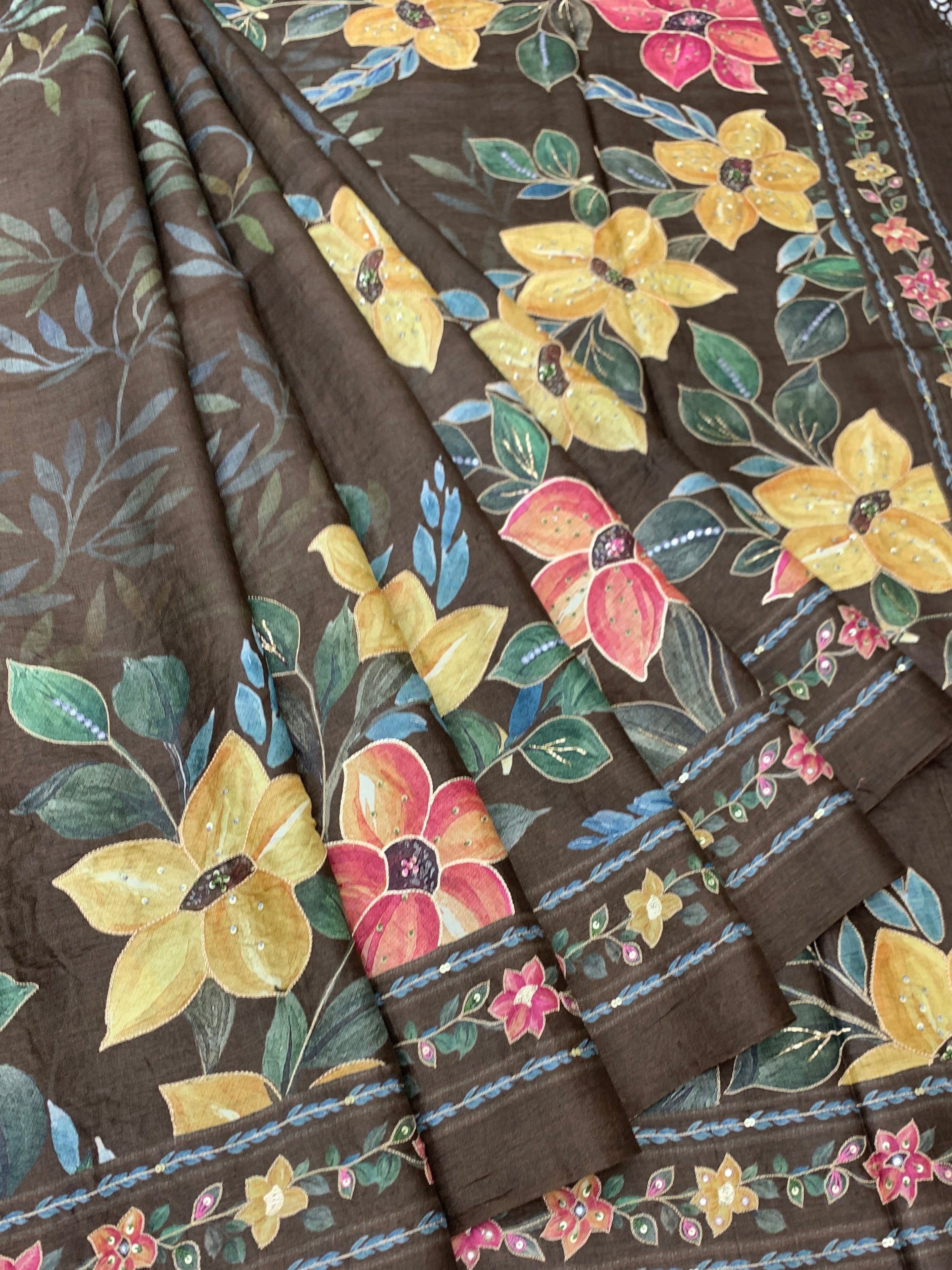Earthy Elegance: Deep Brown Hand-Embroidered Tussar Silk Saree