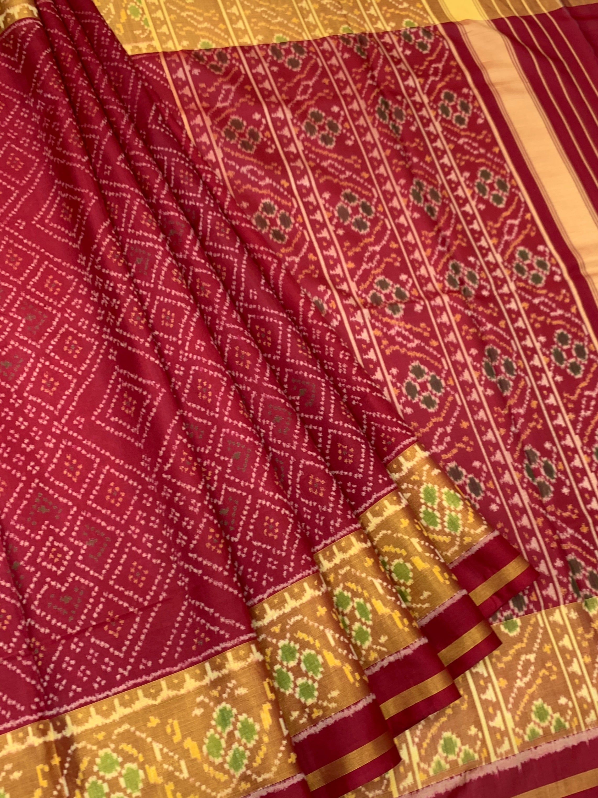 Regal Deep Maroon Rajkot Patola Silk Saree with Geometric Ikat Lattice