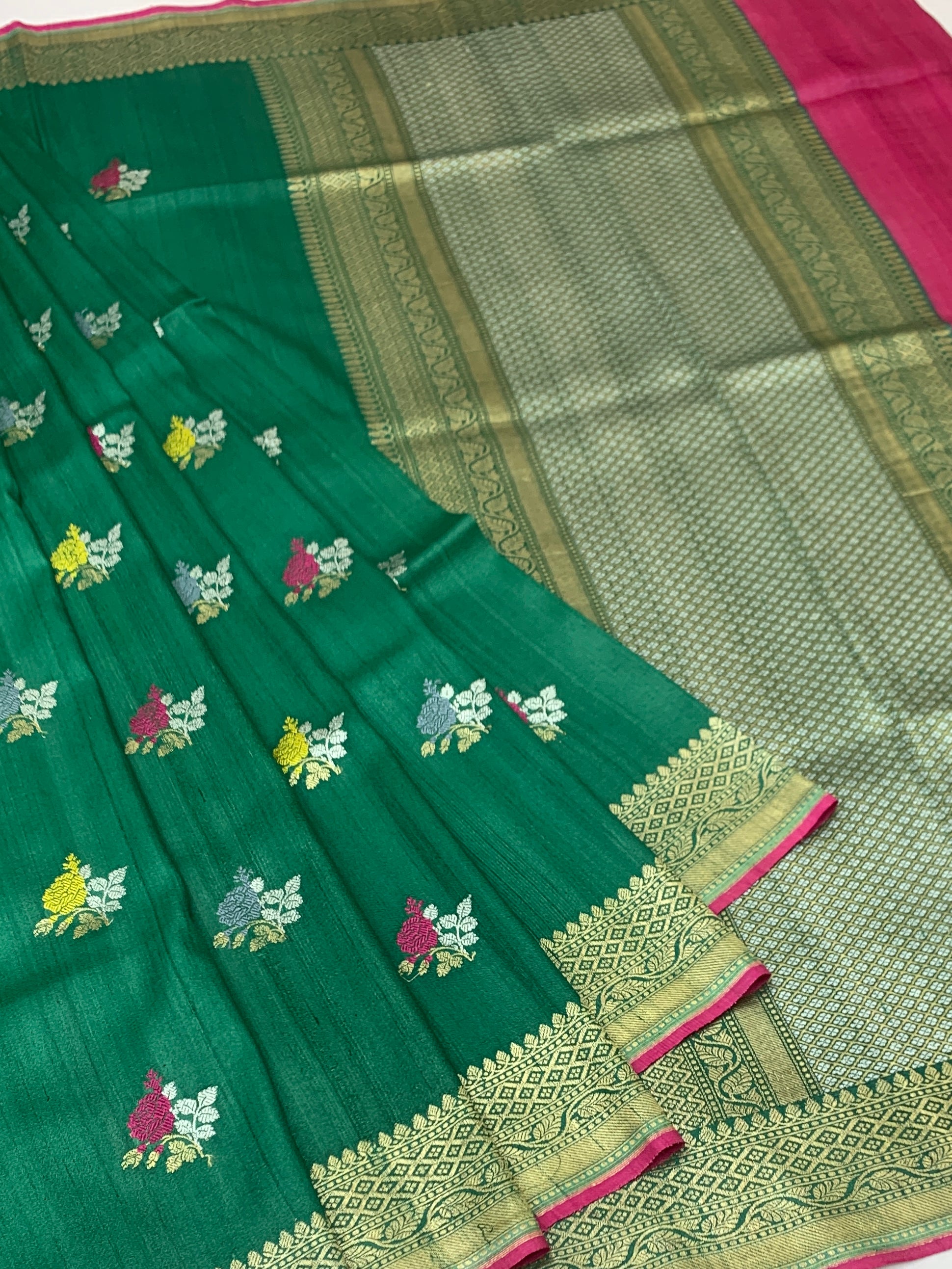 Emerald Green Tussore Georgette Saree with Contrasting Pink Zari Border