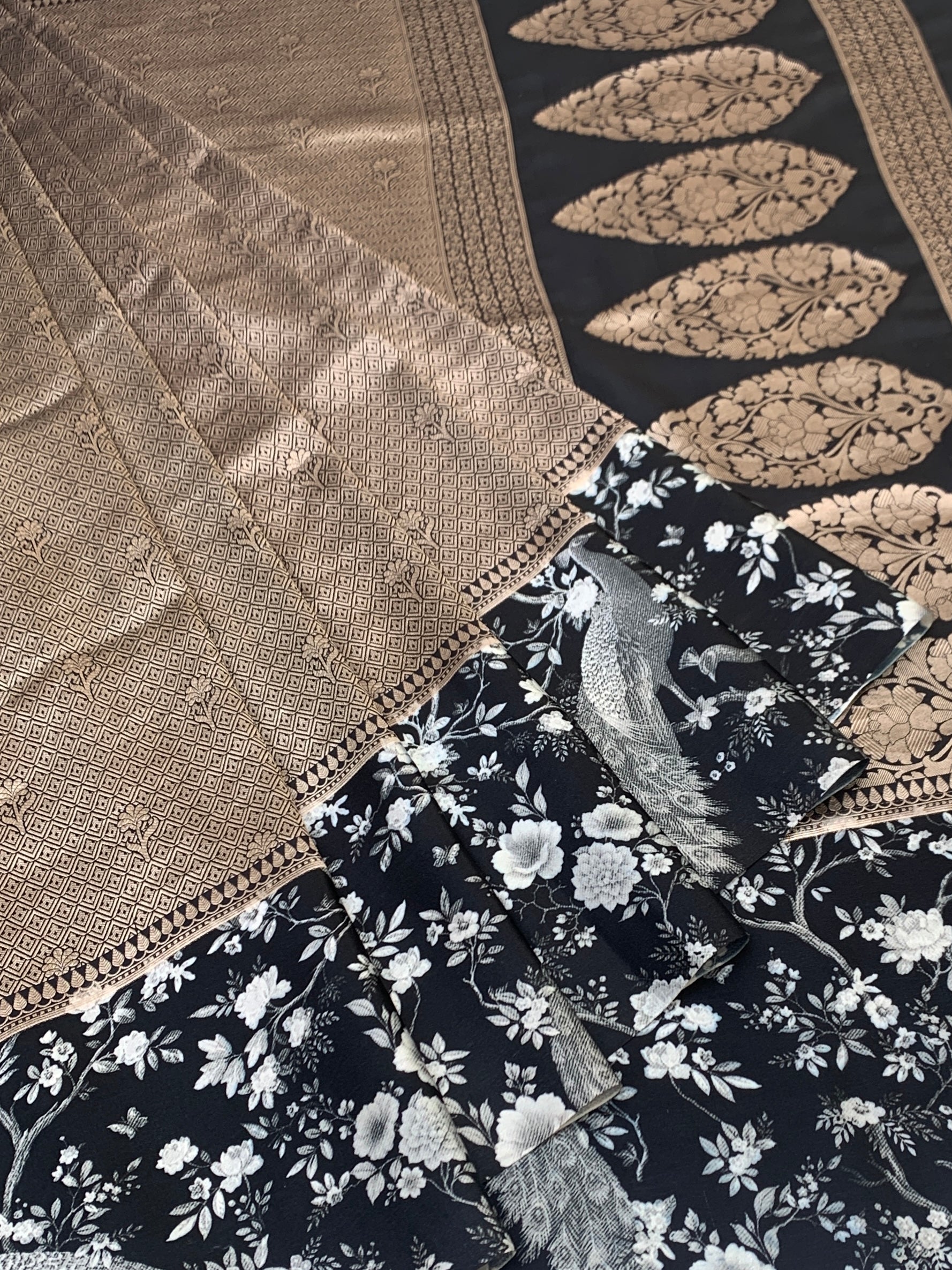 Midnight Noir & Champagne Silver Brocade Silk Saree with Royal Peacock Motifs