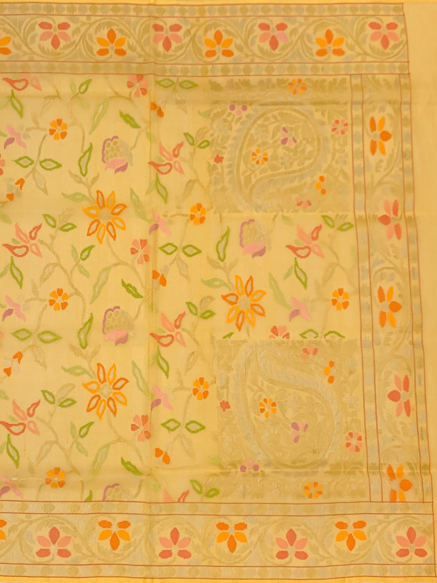 Sunny Yellow Cotton Jamdani Saree with Botanical Vines and Paisley Pallu