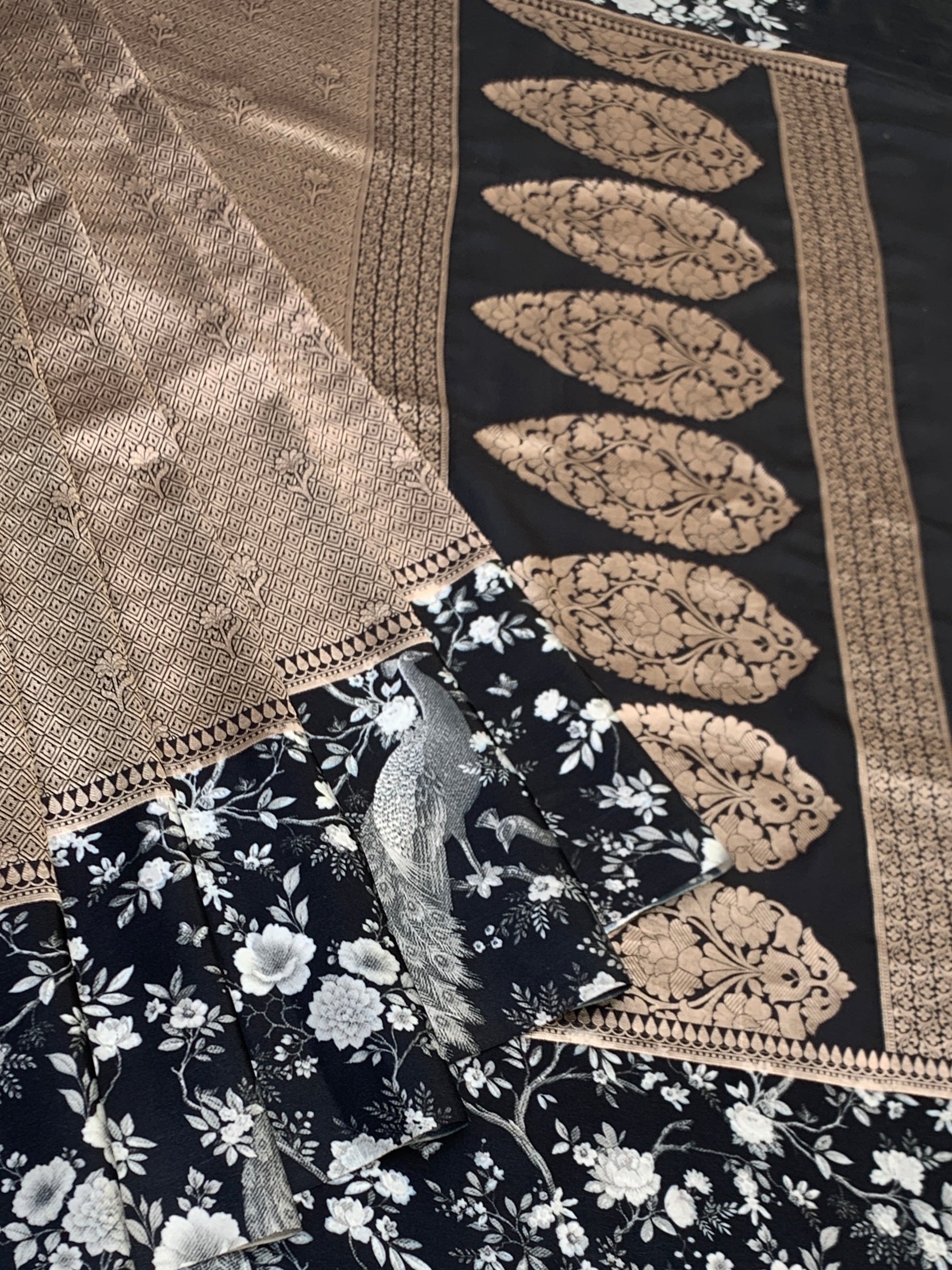 Midnight Noir & Champagne Silver Brocade Silk Saree with Royal Peacock Motifs