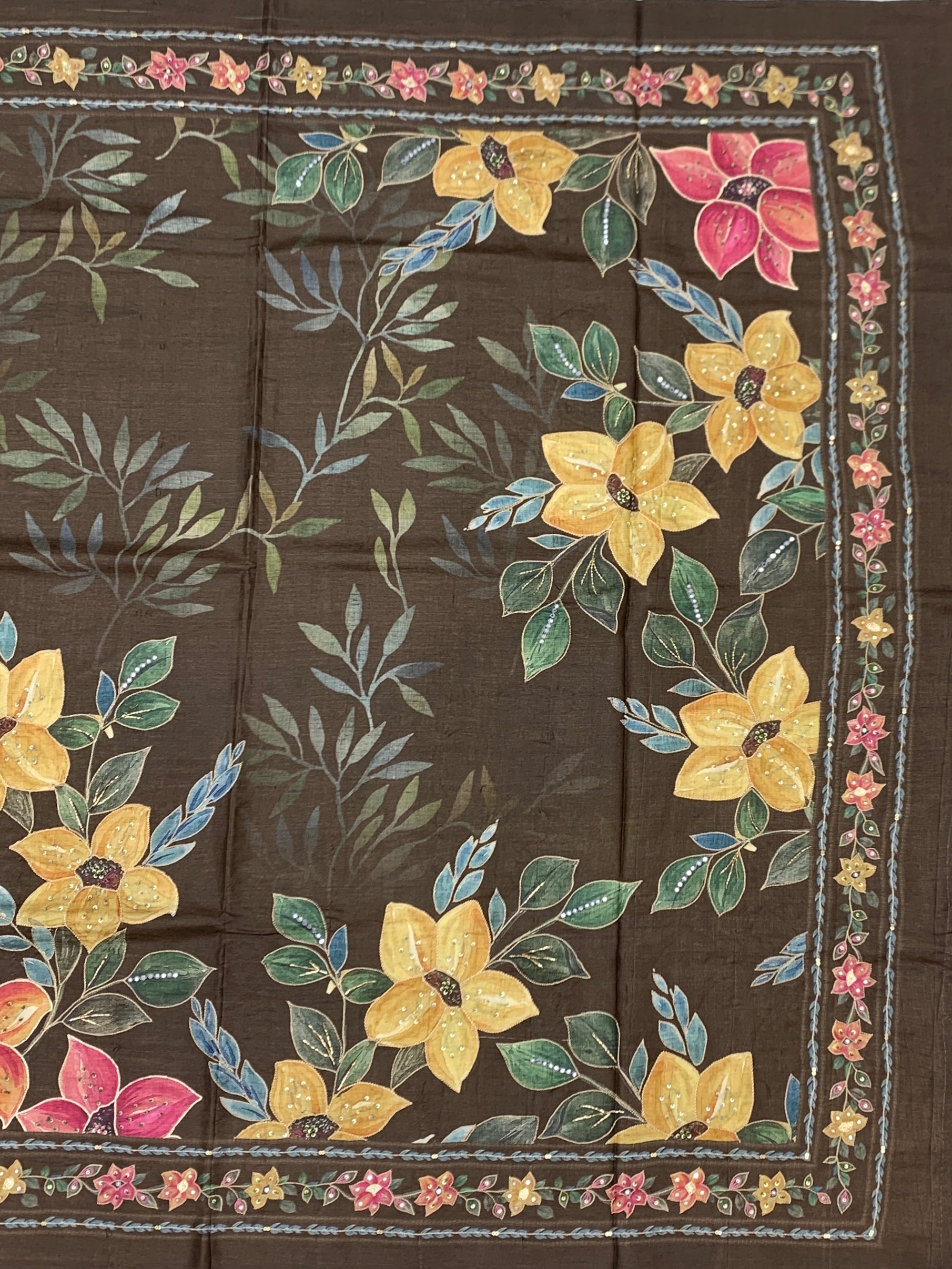 Earthy Elegance: Deep Brown Hand-Embroidered Tussar Silk Saree