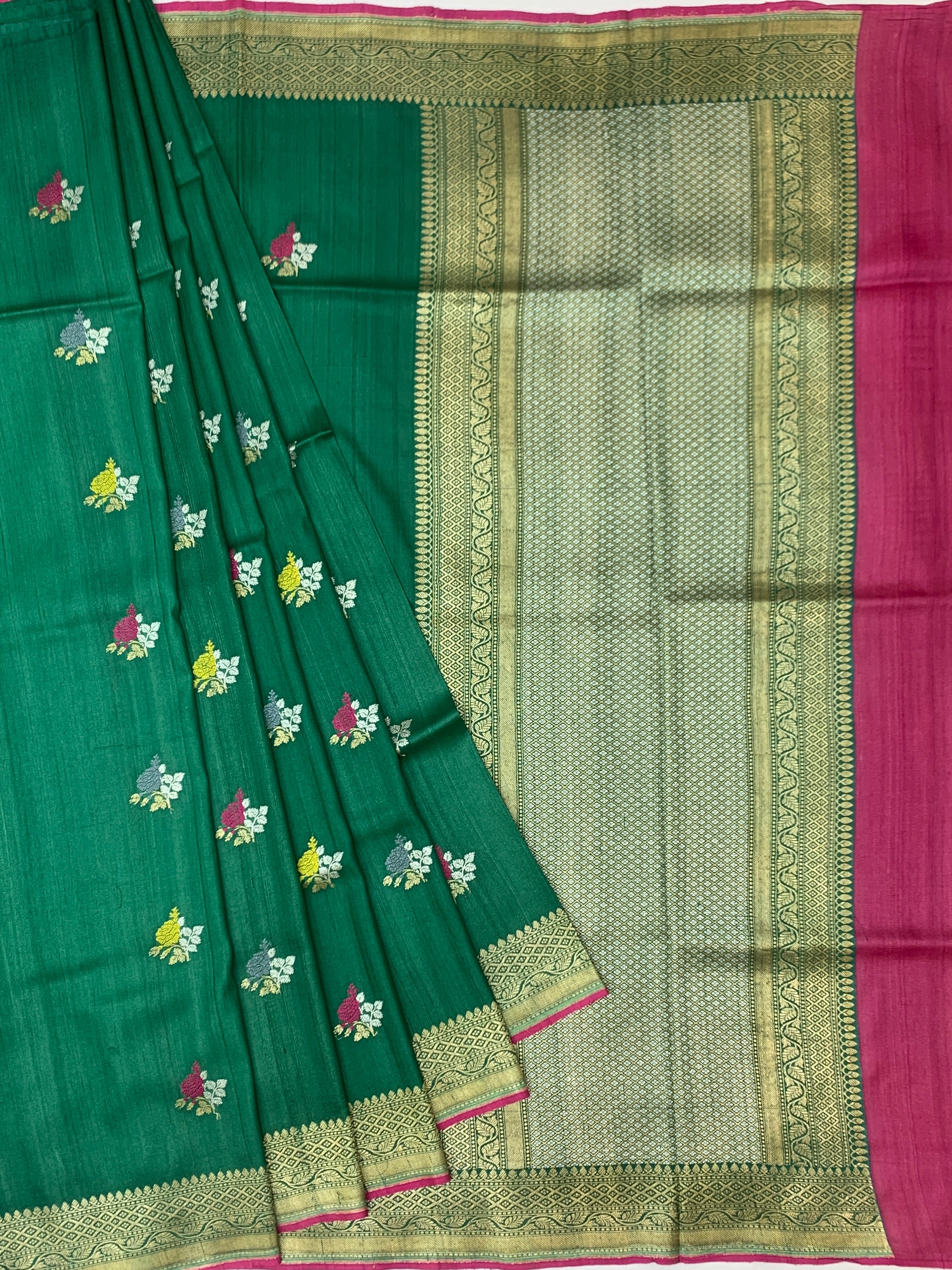 Emerald Green Tussore Georgette Saree with Contrasting Pink Zari Border