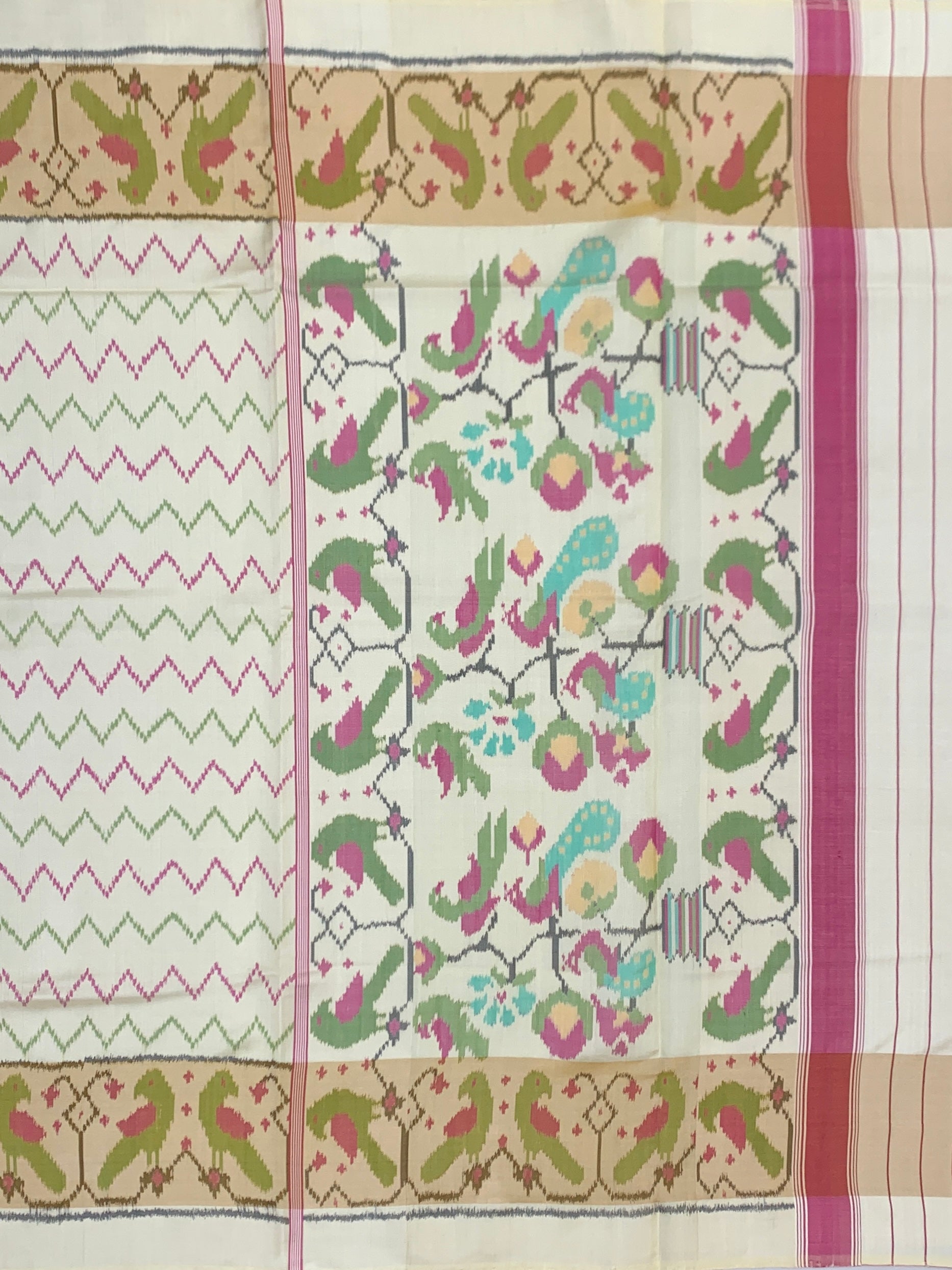 Ivory & Teal Avian Symphony: Heritage Rajkot Patola Silk Saree