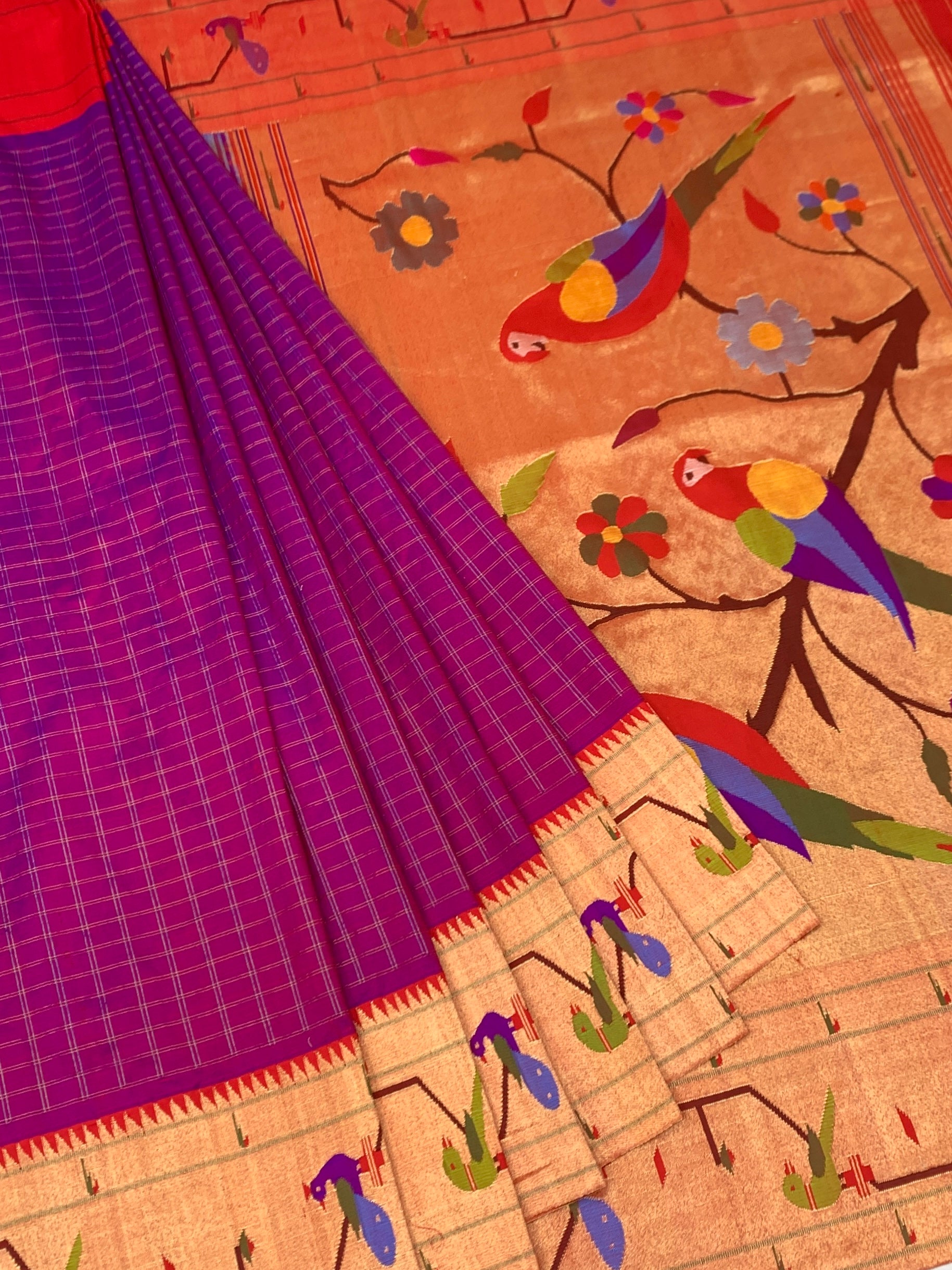 Deep Magenta Zari Checked Paithani Silk Saree with Vibrant Parrot Pallu