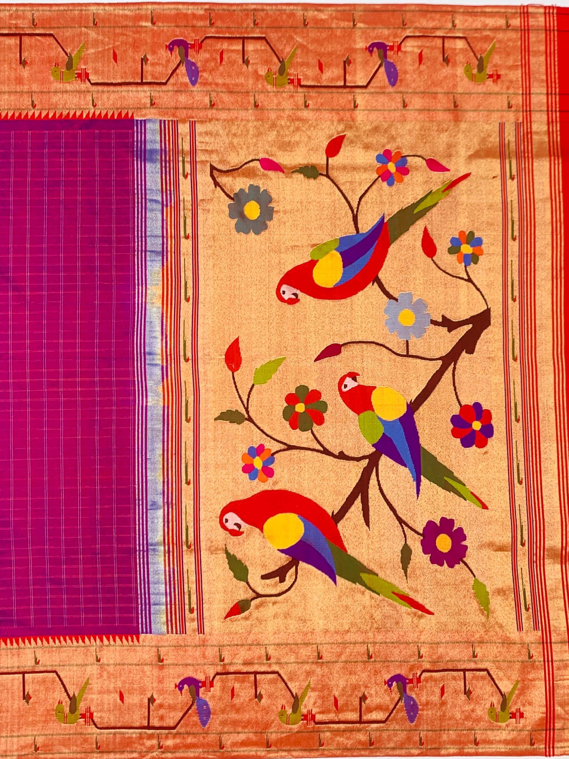 Deep Magenta Zari Checked Paithani Silk Saree with Vibrant Parrot Pallu