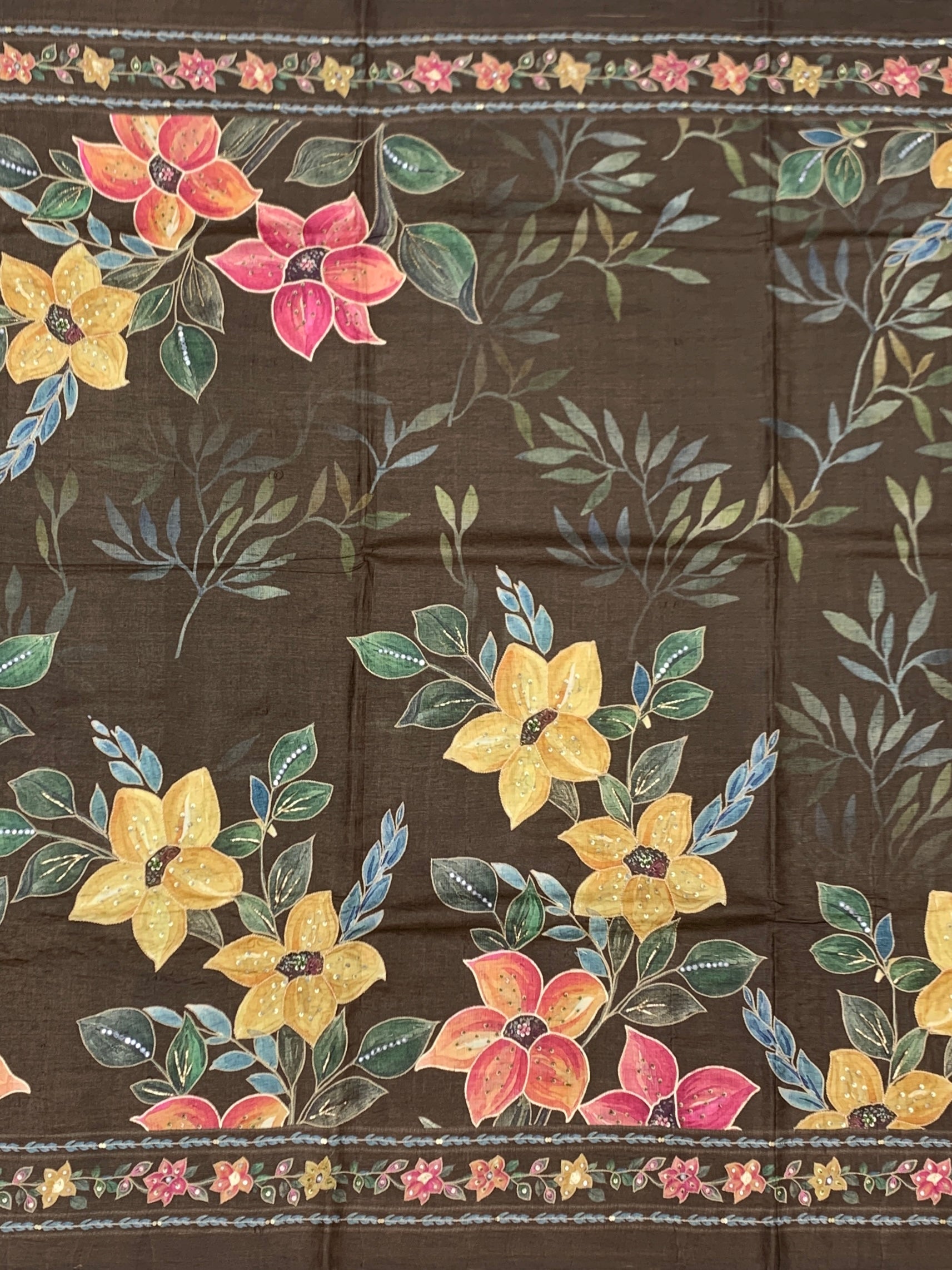 Earthy Elegance: Deep Brown Hand-Embroidered Tussar Silk Saree