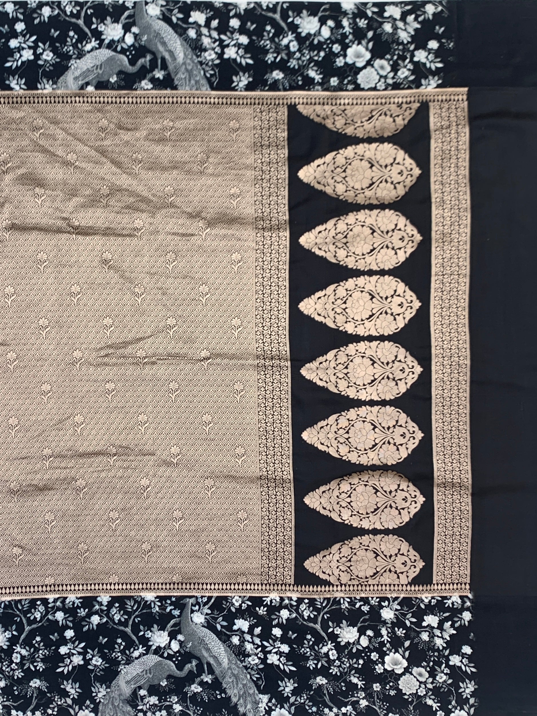 Midnight Noir & Champagne Silver Brocade Silk Saree with Royal Peacock Motifs