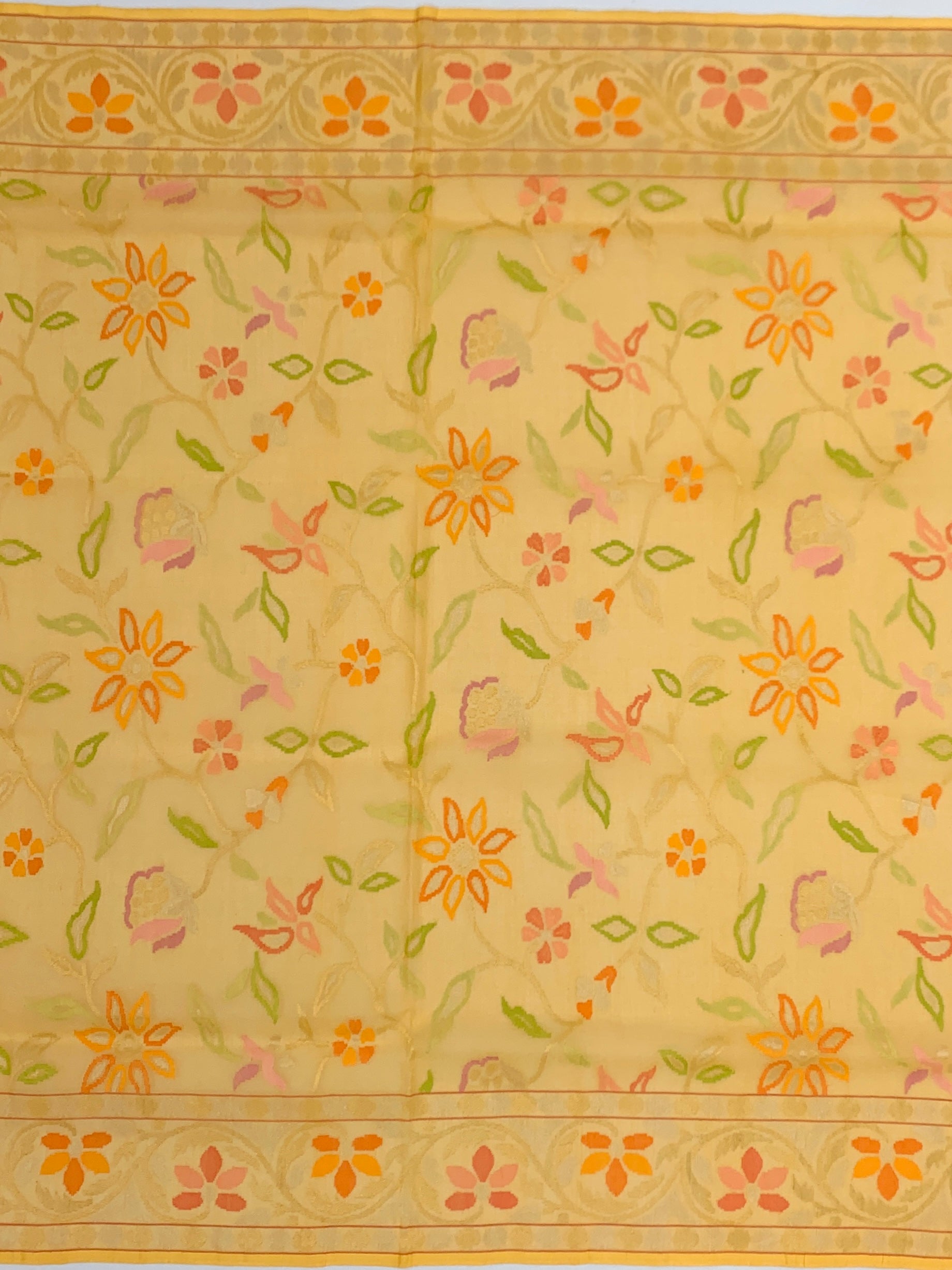 Sunny Yellow Cotton Jamdani Saree with Botanical Vines and Paisley Pallu