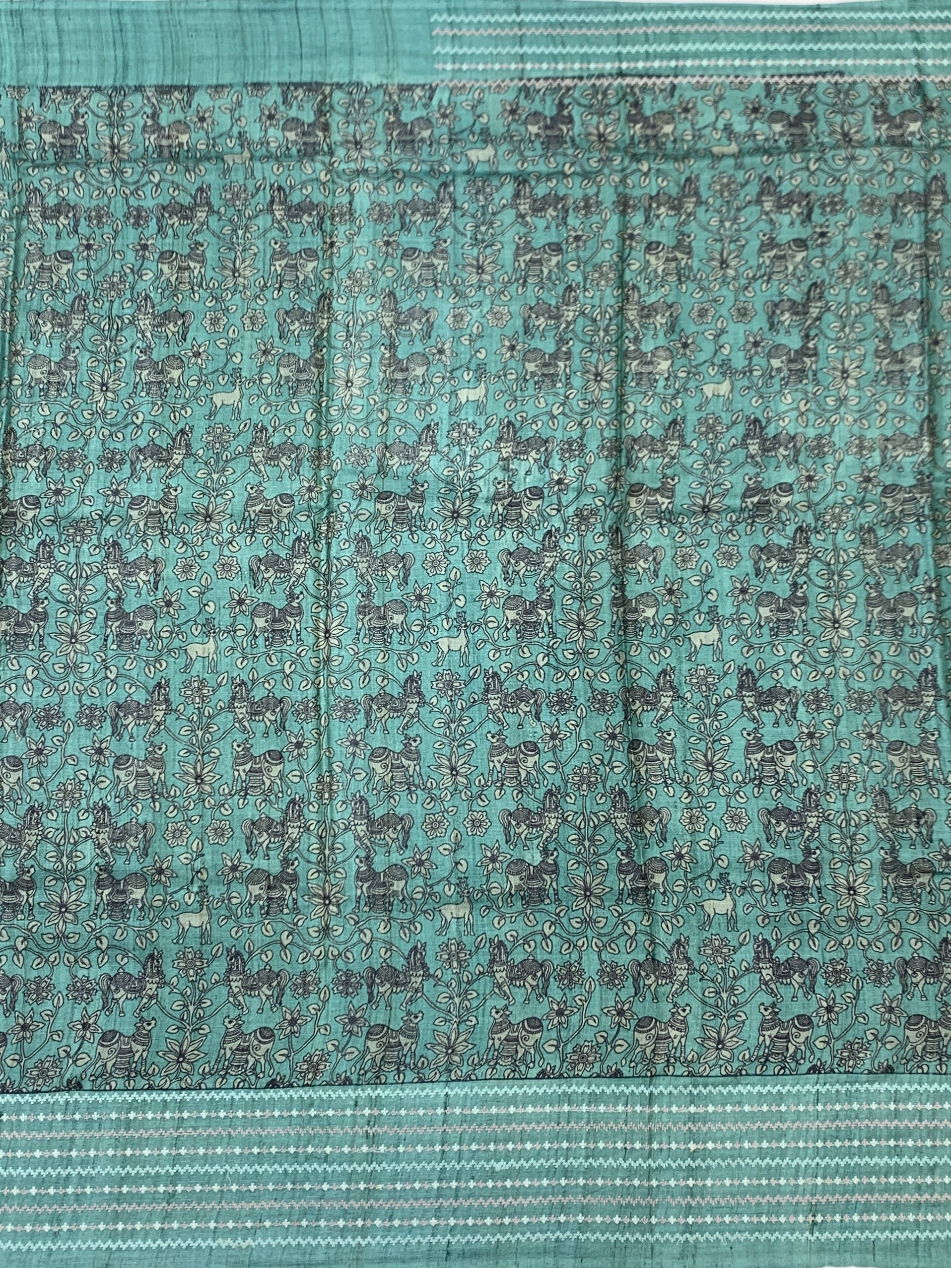 Enchanting Teal: Woodland Folk-Art Tussore Printed Saree
