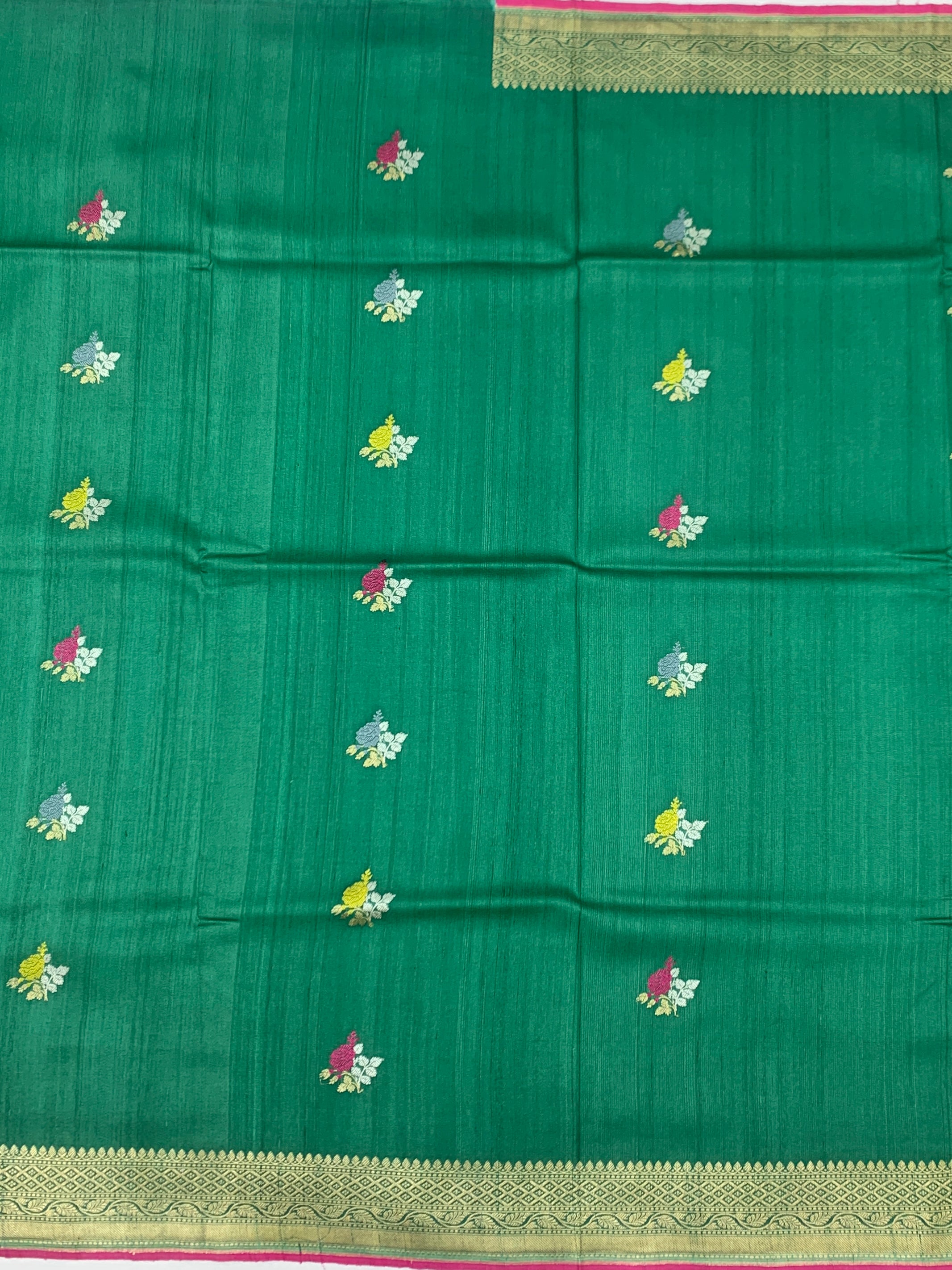 Emerald Green Tussore Georgette Saree with Contrasting Pink Zari Border