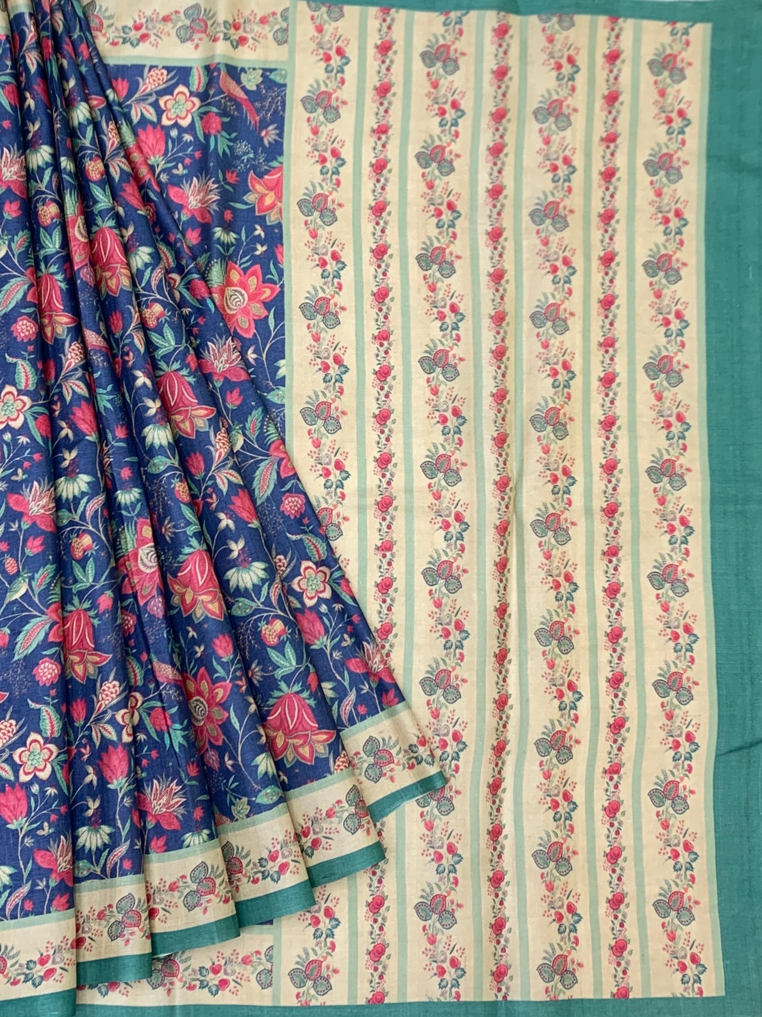 Indigo Blue & Rose Pink Floral Printed Tussar Silk Saree