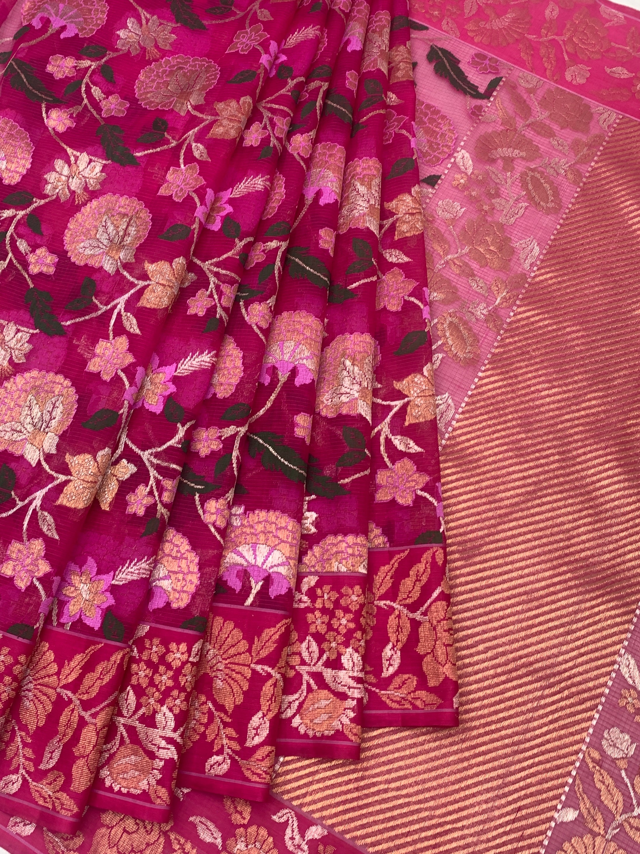 Floral Jaal Zari Kota Saree with Opulent Diagonal Pallu