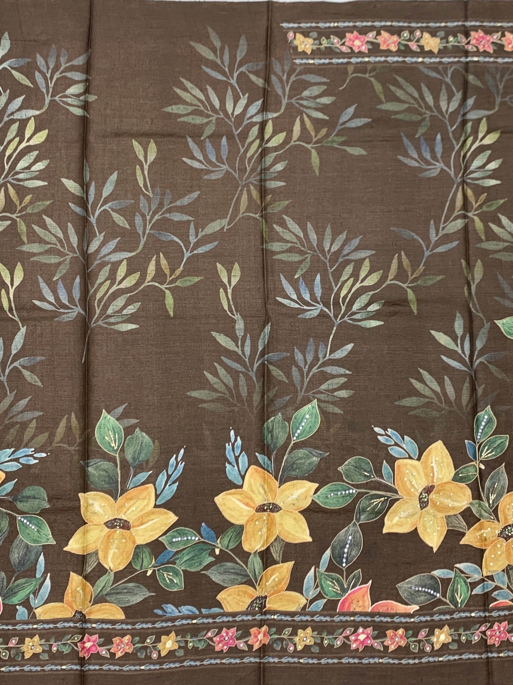 Earthy Elegance: Deep Brown Hand-Embroidered Tussar Silk Saree