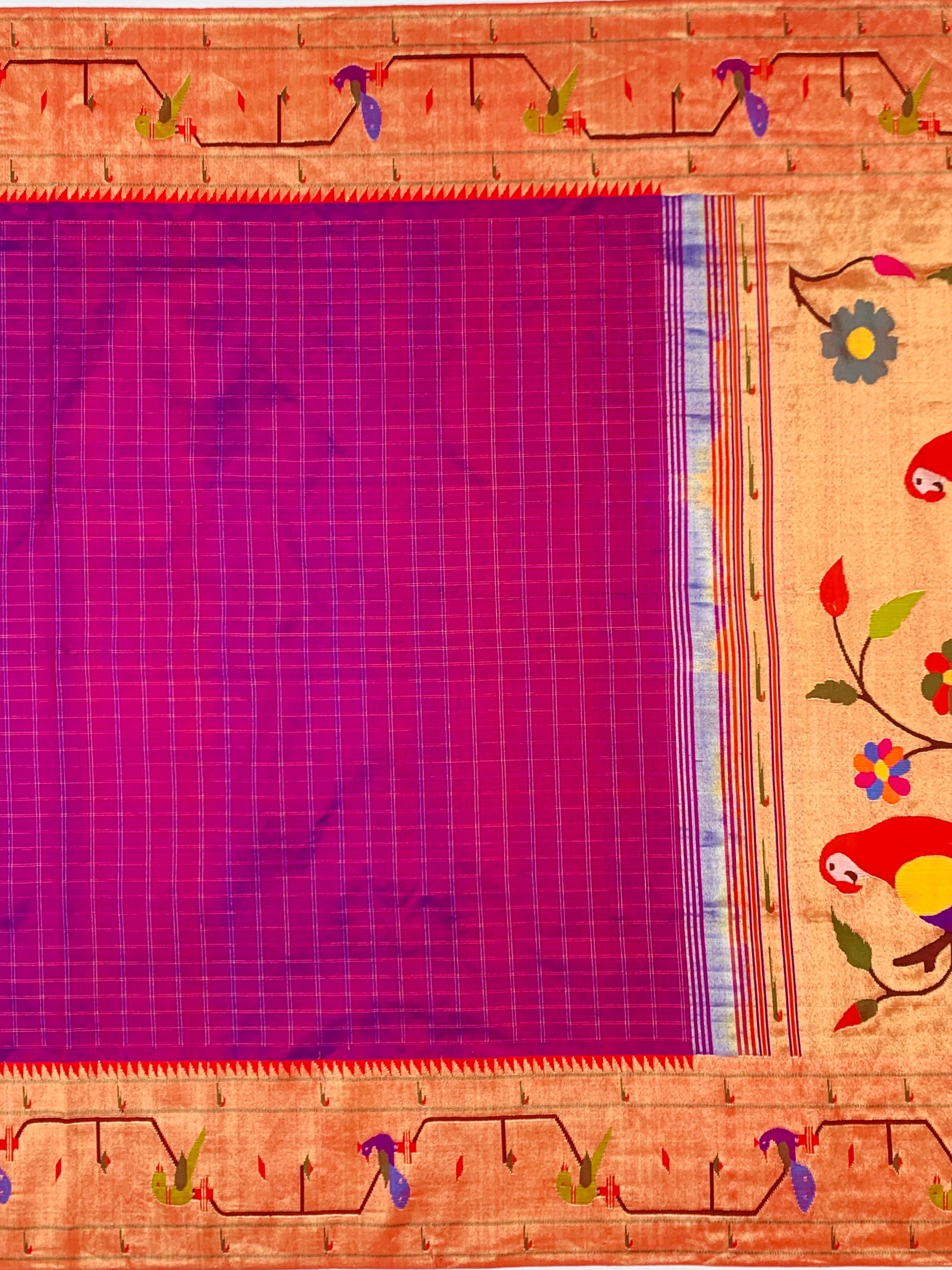 Deep Magenta Zari Checked Paithani Silk Saree with Vibrant Parrot Pallu