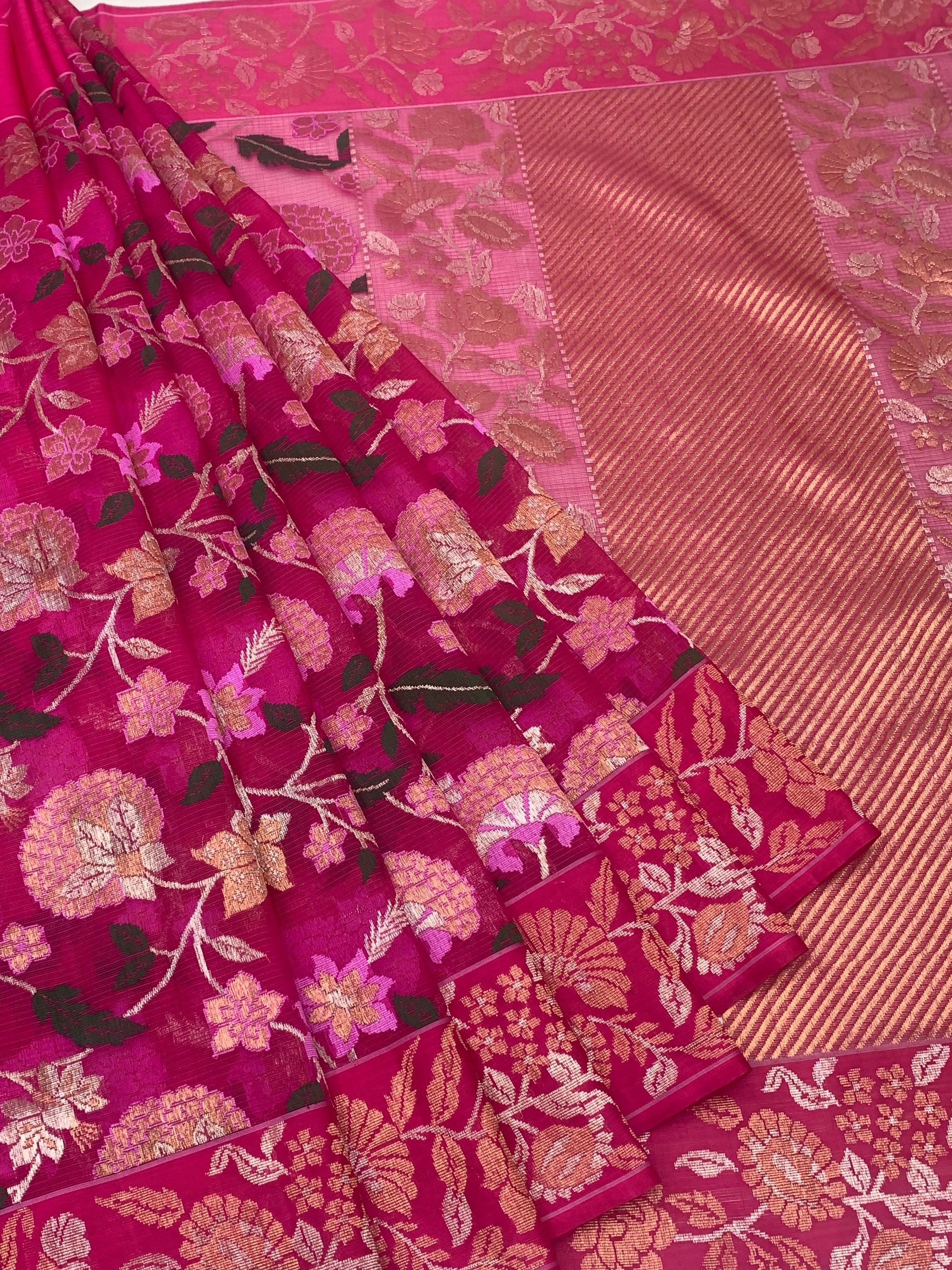 Floral Jaal Zari Kota Saree with Opulent Diagonal Pallu
