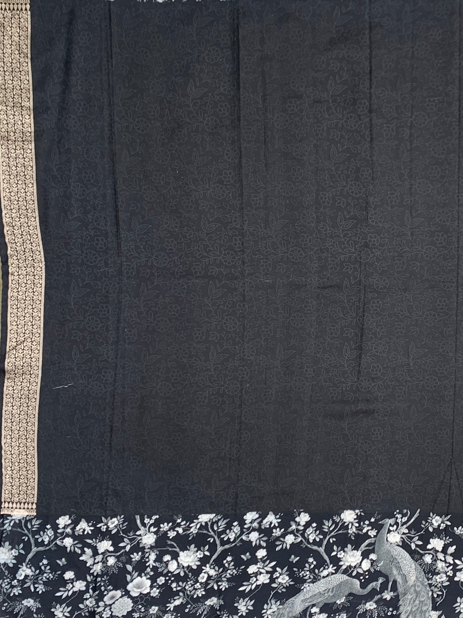 Midnight Noir & Champagne Silver Brocade Silk Saree with Royal Peacock Motifs