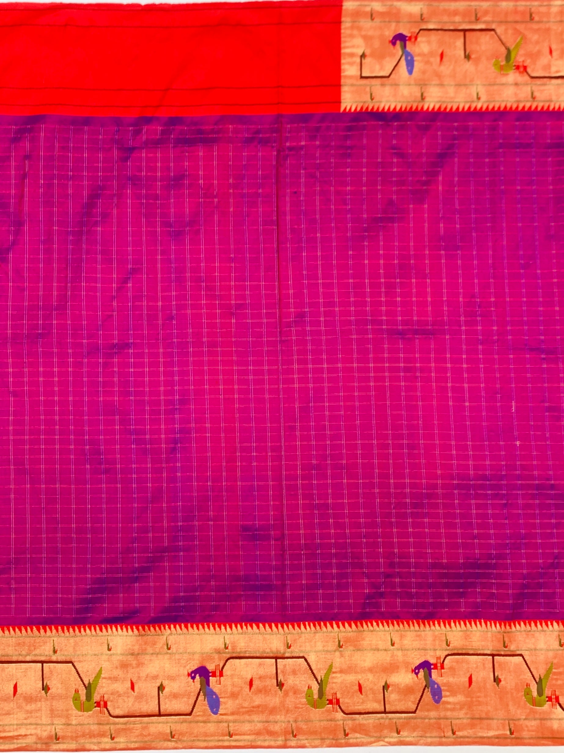 Deep Magenta Zari Checked Paithani Silk Saree with Vibrant Parrot Pallu