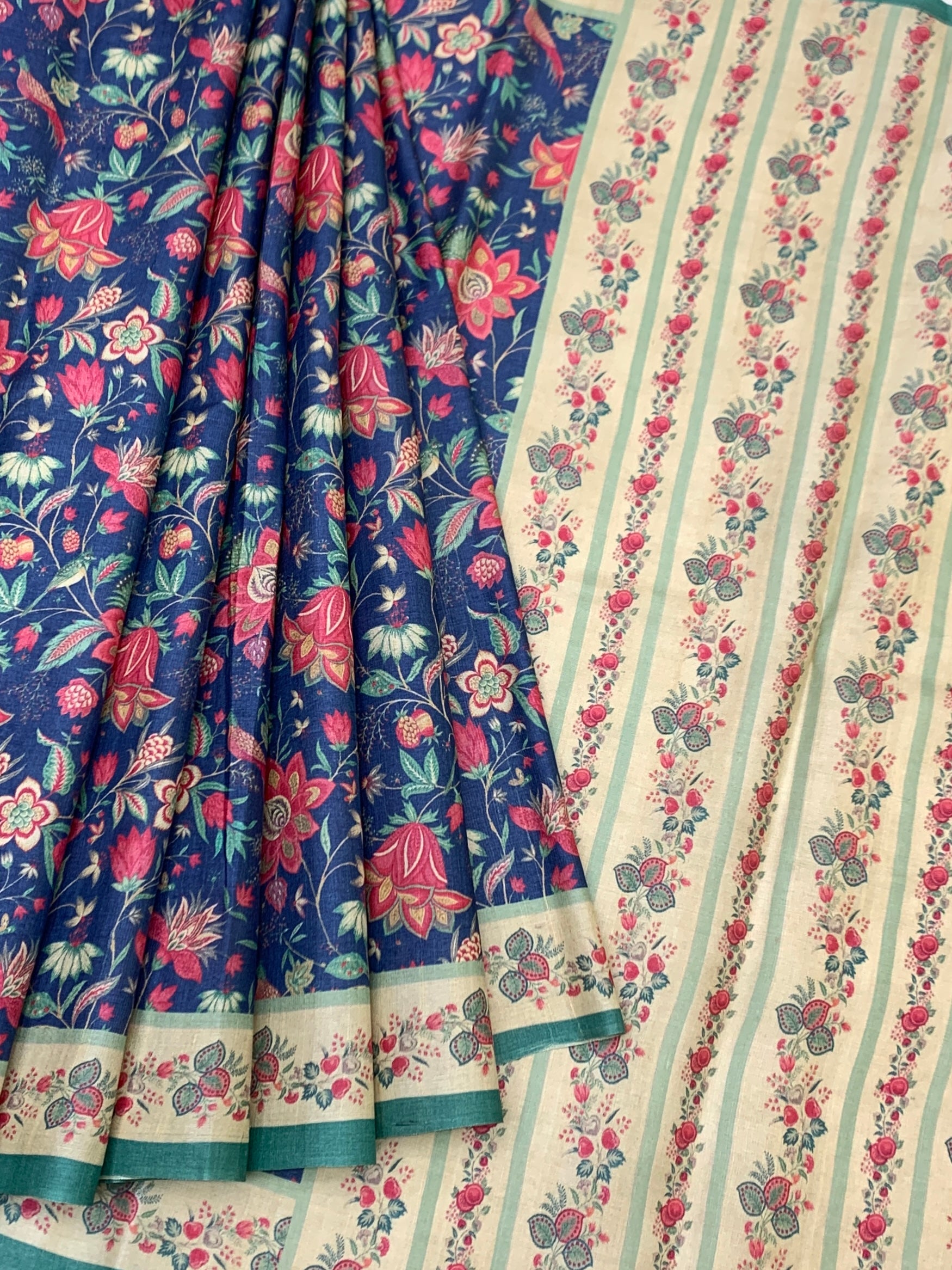 Indigo Blue & Rose Pink Floral Printed Tussar Silk Saree