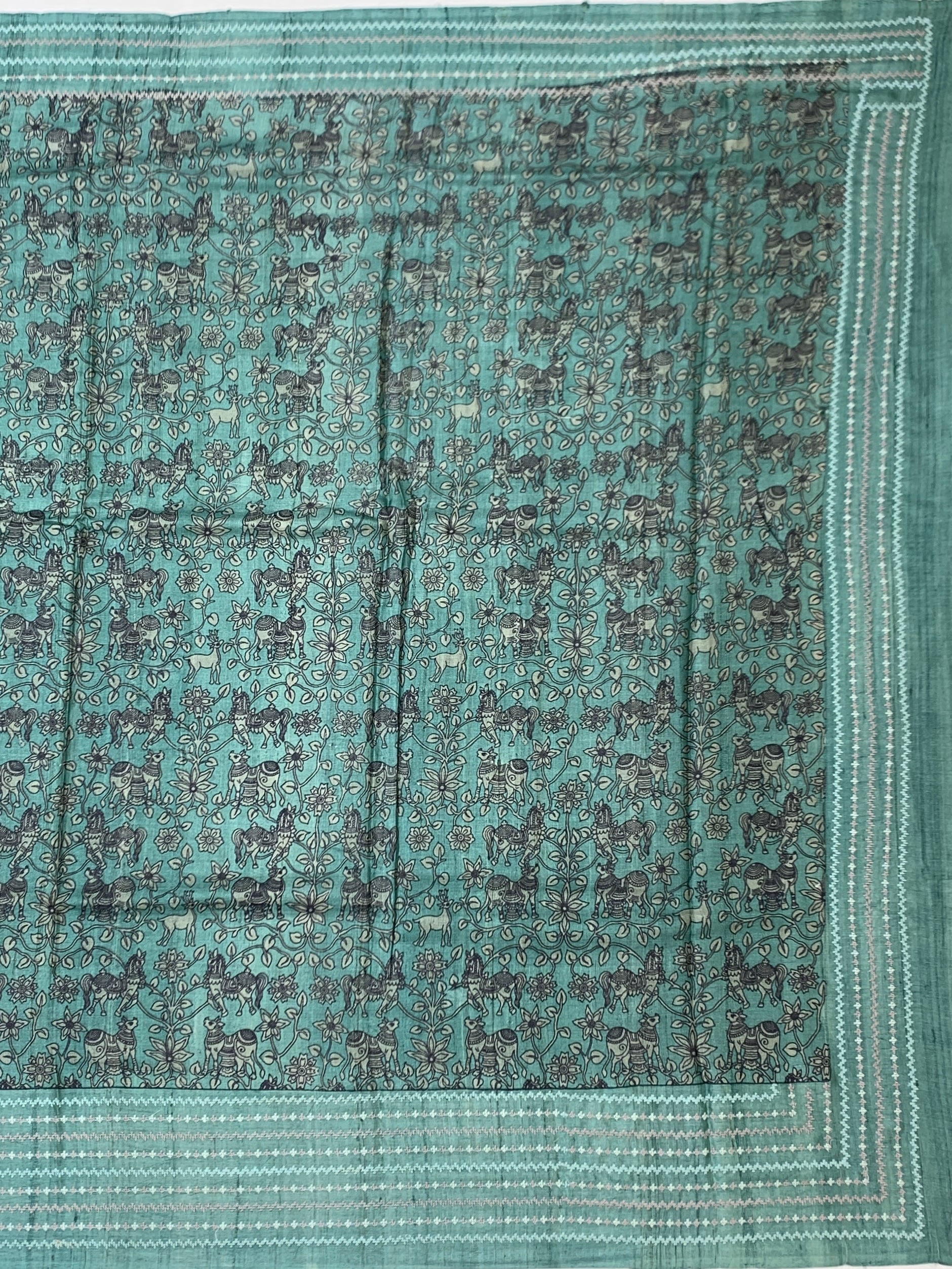 Enchanting Teal: Woodland Folk-Art Tussore Printed Saree