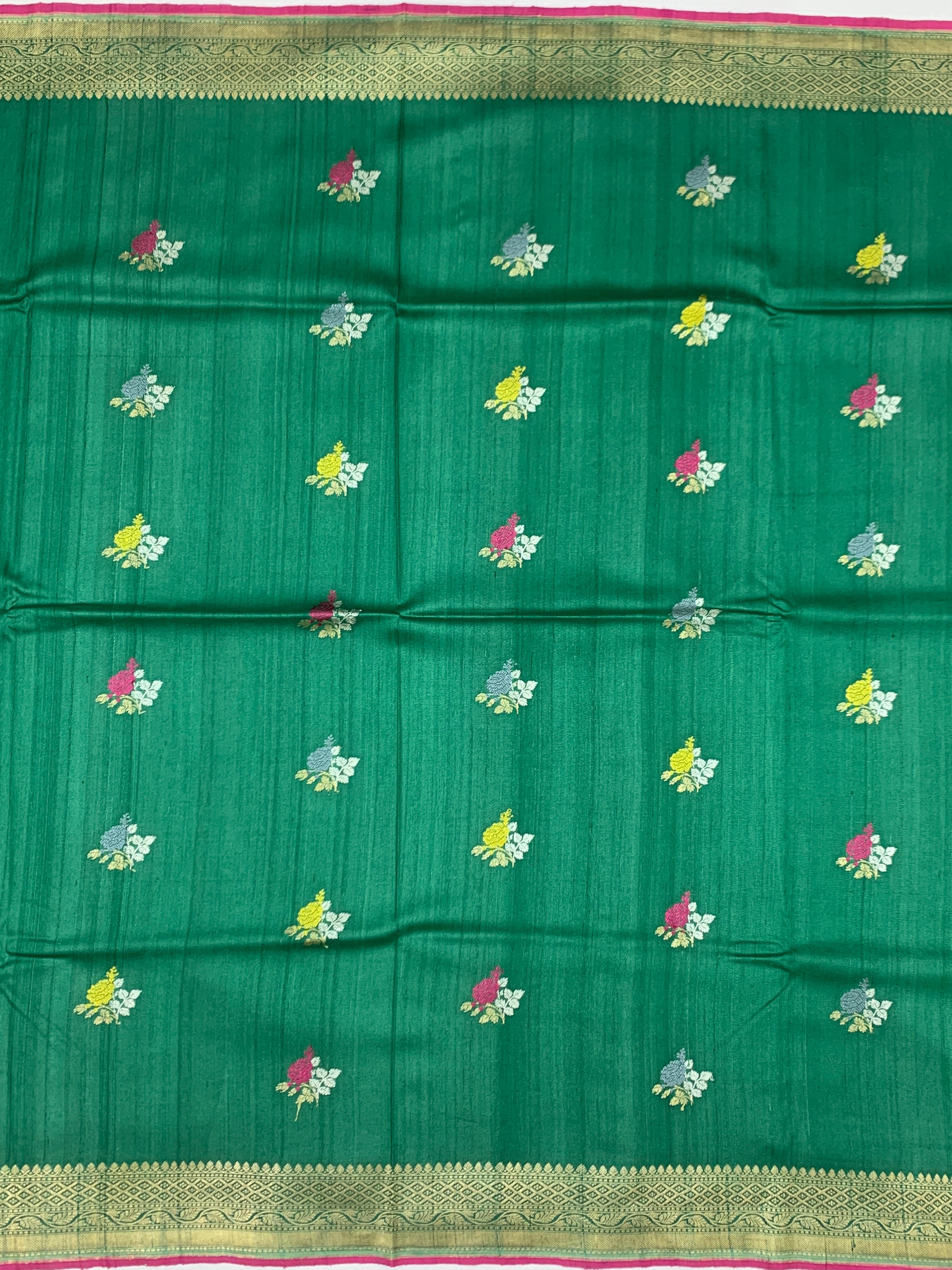 Emerald Green Tussore Georgette Saree with Contrasting Pink Zari Border