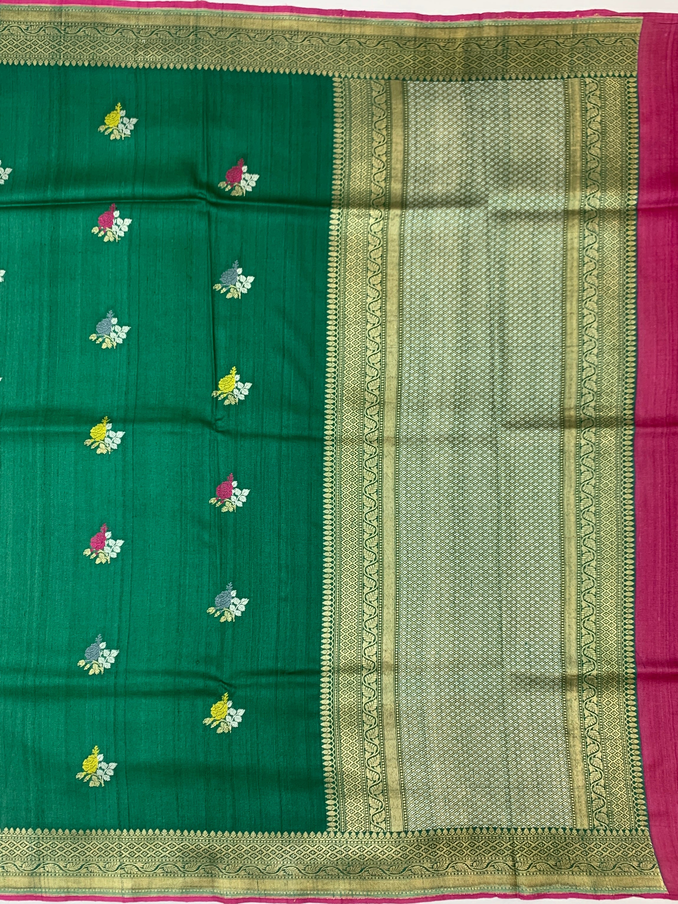 Emerald Green Tussore Georgette Saree with Contrasting Pink Zari Border