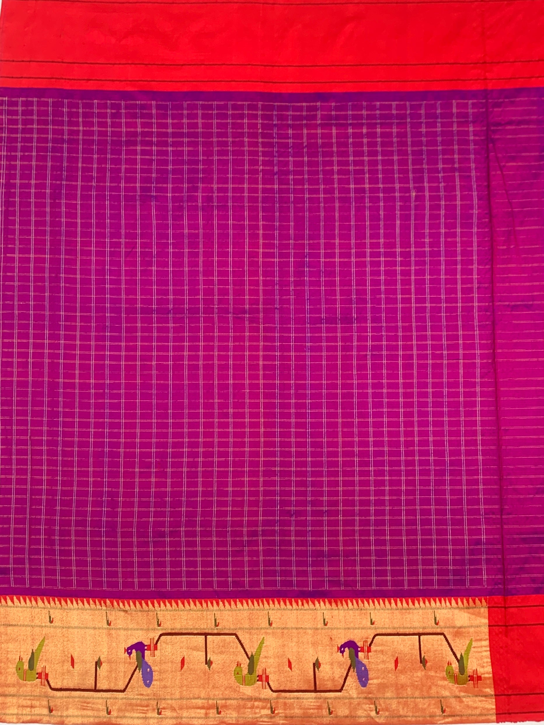 Deep Magenta Zari Checked Paithani Silk Saree with Vibrant Parrot Pallu