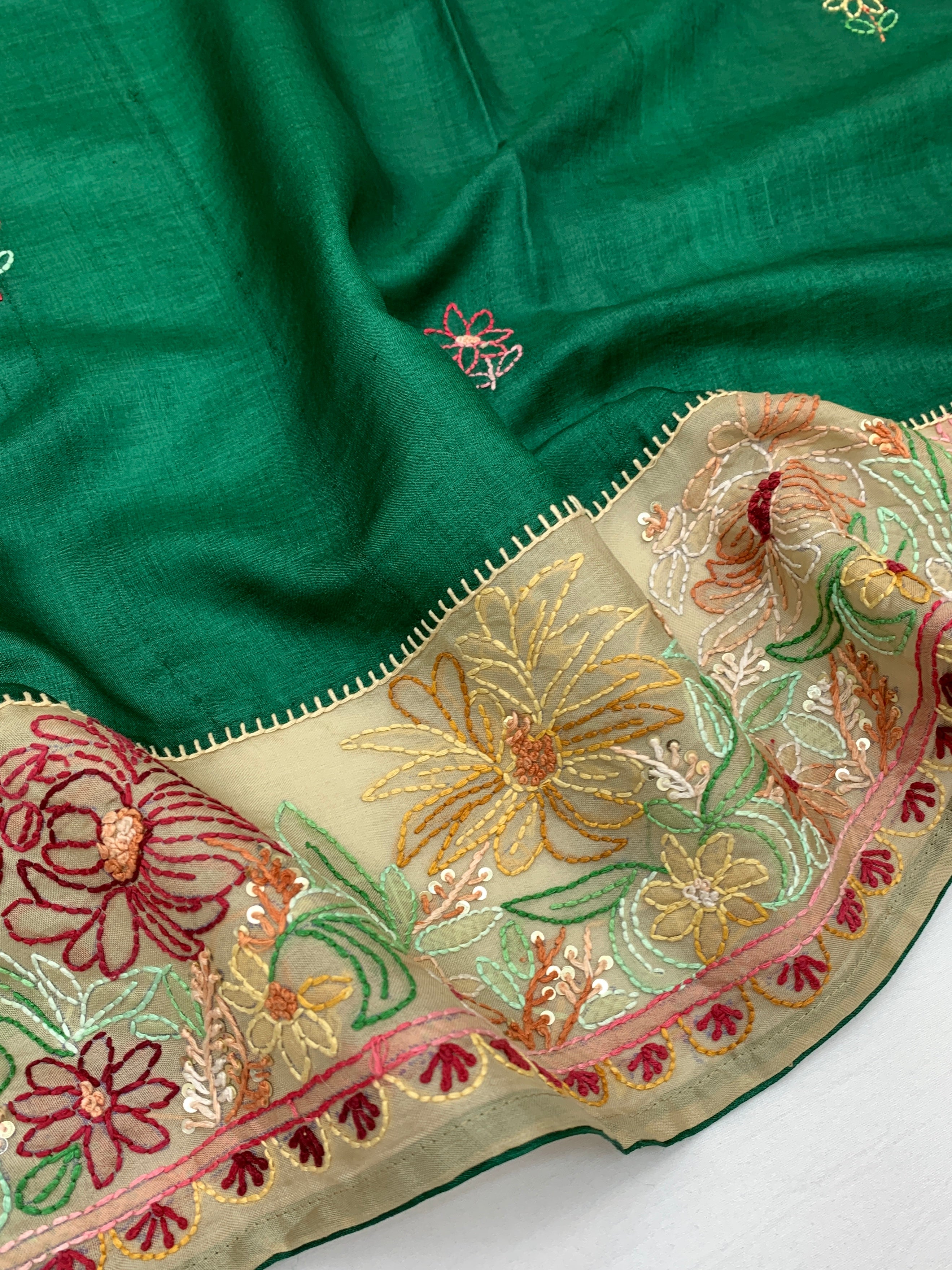 Tussore Saree Bottle-Green In Colour