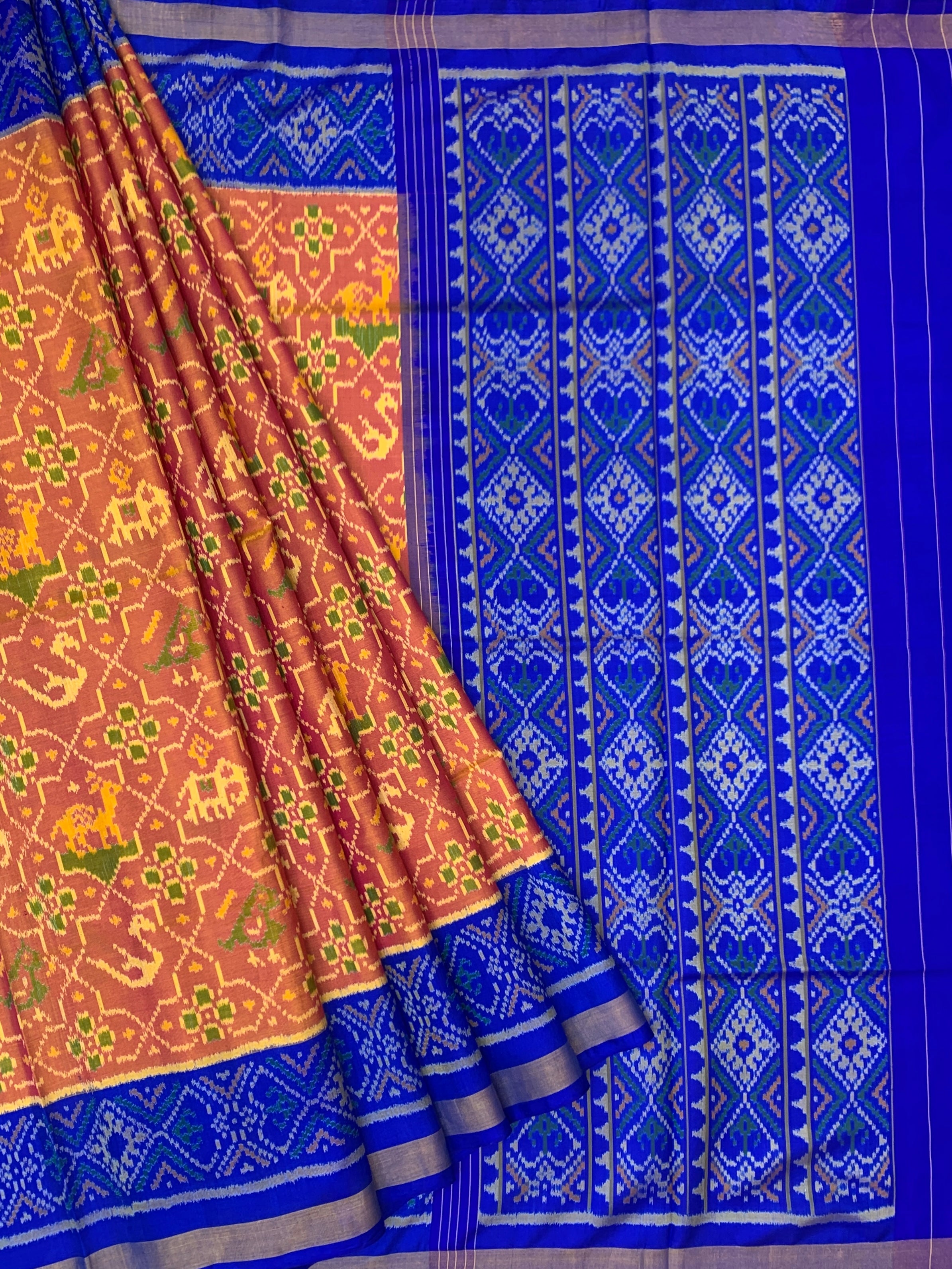 Heritage Peach and Royal Blue Rajkot Patola Silk Saree with Classic Motifs
