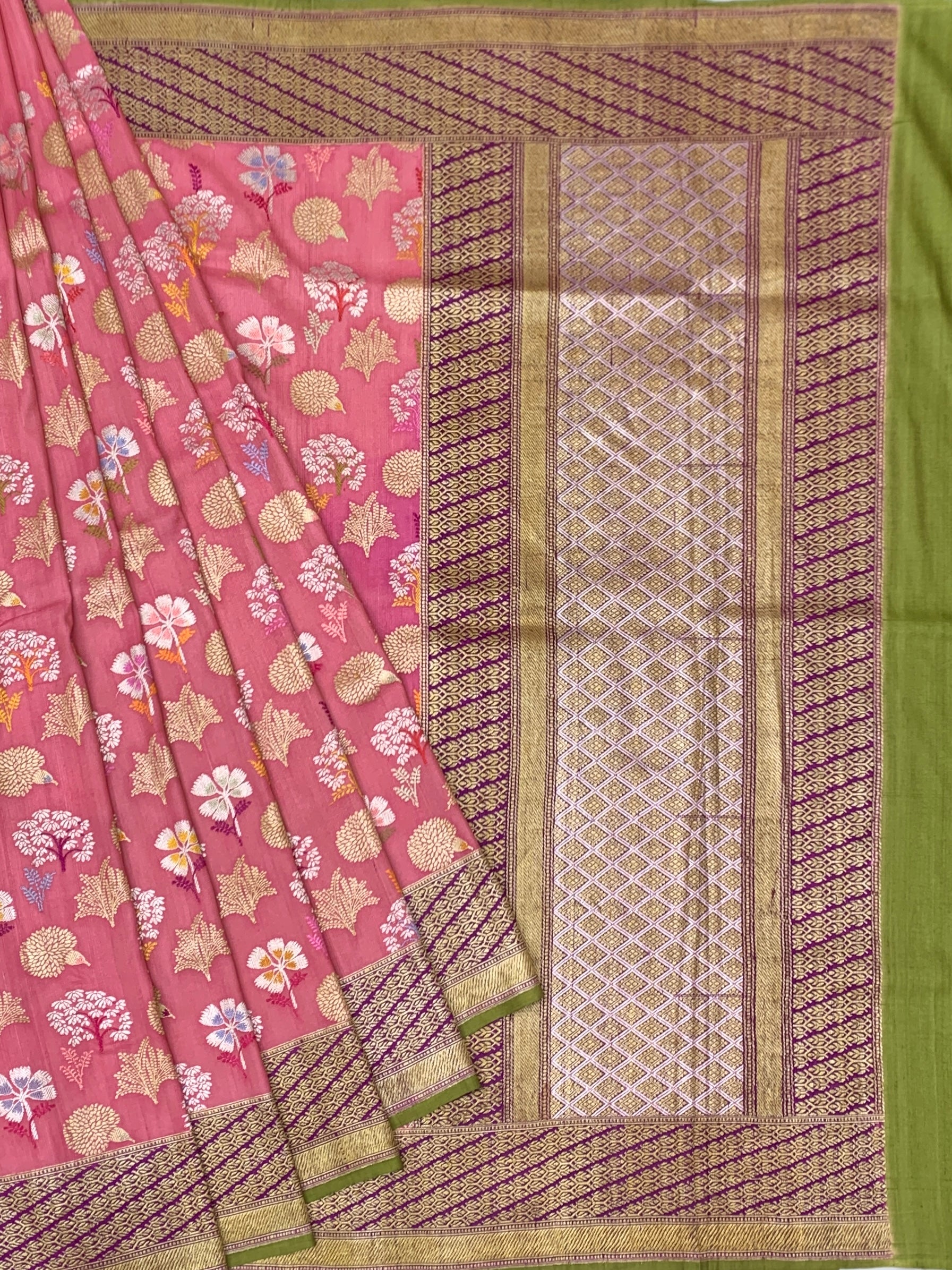 Soft Rose Pink Tussore Georgette Saree with Meenakari Botanicals and Olive Blouse