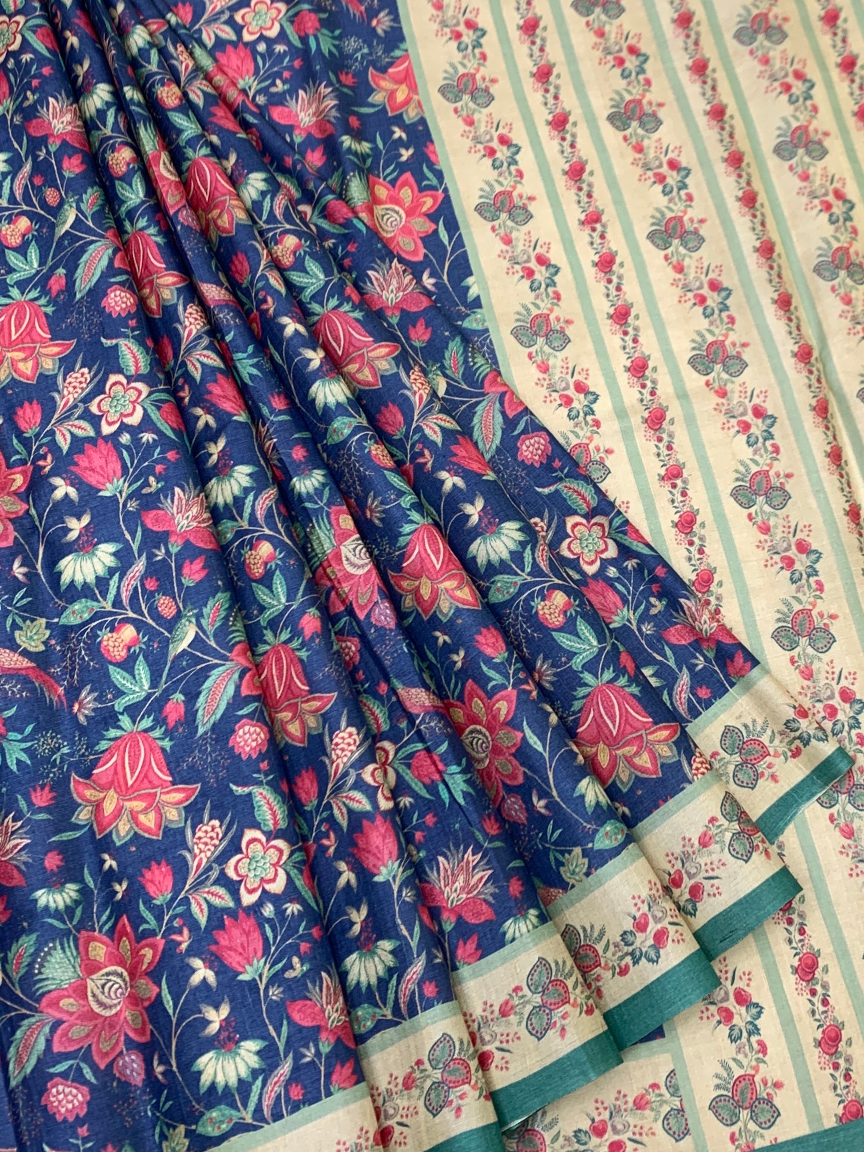 Indigo Blue & Rose Pink Floral Printed Tussar Silk Saree
